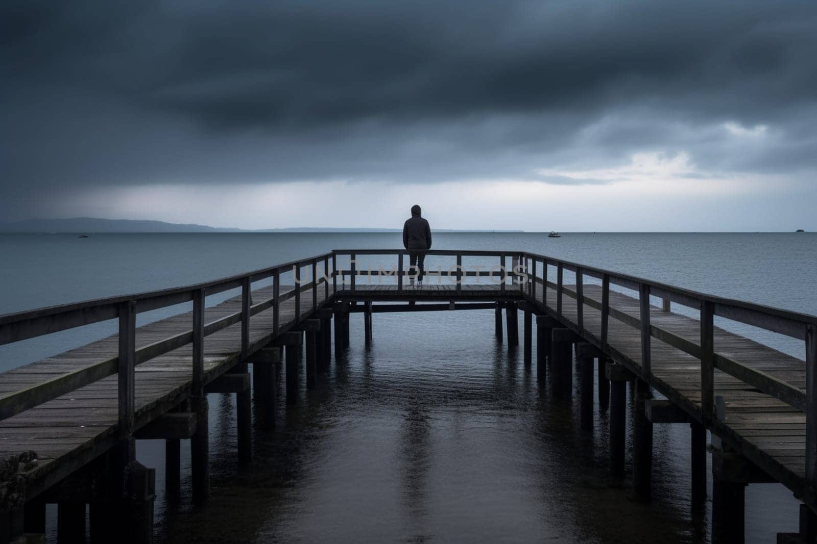 A person stands alone on a pier, looking out at the vast and timeless expanse of the sea. The moody and atmospheric light creates a contemplative and introspective atmosphere, perfect for peaceful contemplation and stillness. (generative AI)