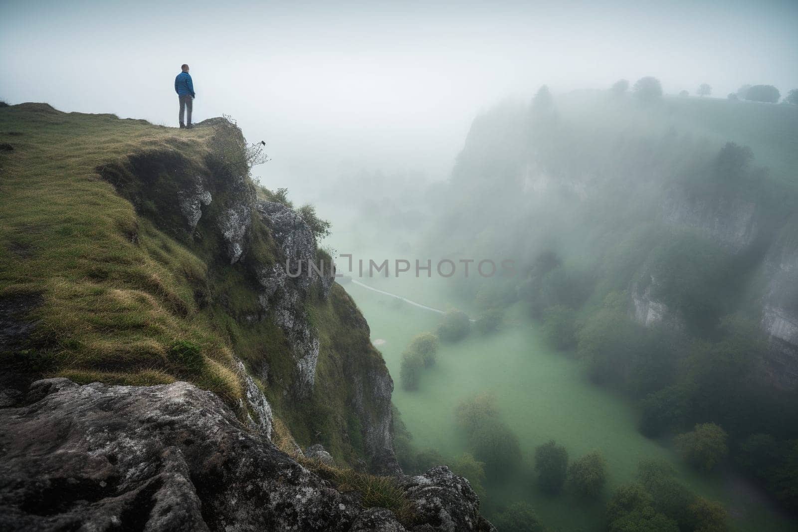 A lone figure stands at the edge of a cliff, peering out over a misty and mysterious valley below. The scene is dramatic and powerful, with the eerie mist adding to the intrigue and mystery of the landscape. This scene can evoke feelings of adventure, intrigue, and excitement for the unknown. (generative AI)