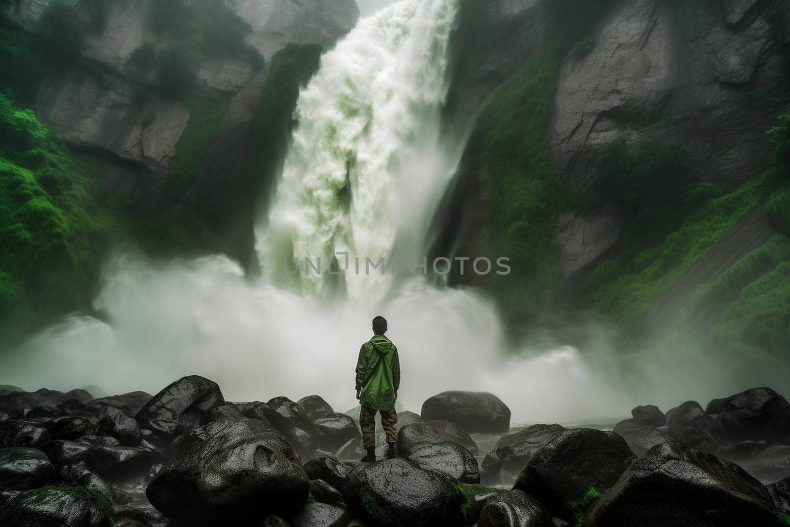 A person stands at the base of a powerful waterfall, feeling the strength and force of the cascading water. The scene is natural and awe-inspiring, with the deafening roar of the waterfall adding to the breathtaking atmosphere. This scene can evoke feelings of wonder, awe, and appreciation for the beauty and power of the natural world. (generative AI)