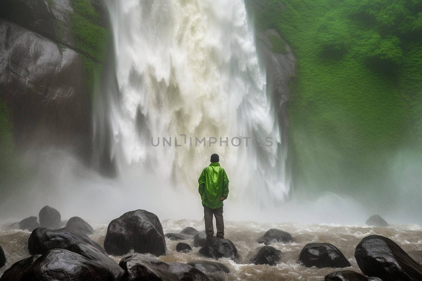 A person stands at the base of a powerful waterfall, feeling the strength and force of the cascading water. The scene is natural and awe-inspiring, with the deafening roar of the waterfall adding to the breathtaking atmosphere. This scene can evoke feelings of wonder, awe, and appreciation for the beauty and power of the natural world. (generative AI)
