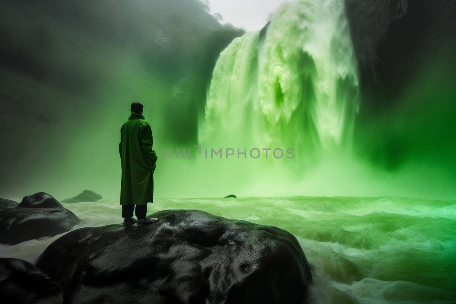 A person stands at the base of a powerful waterfall, feeling the strength and force of the cascading water. The scene is natural and awe-inspiring, with the deafening roar of the waterfall adding to the breathtaking atmosphere. This scene can evoke feelings of wonder, awe, and appreciation for the beauty and power of the natural world. (generative AI)