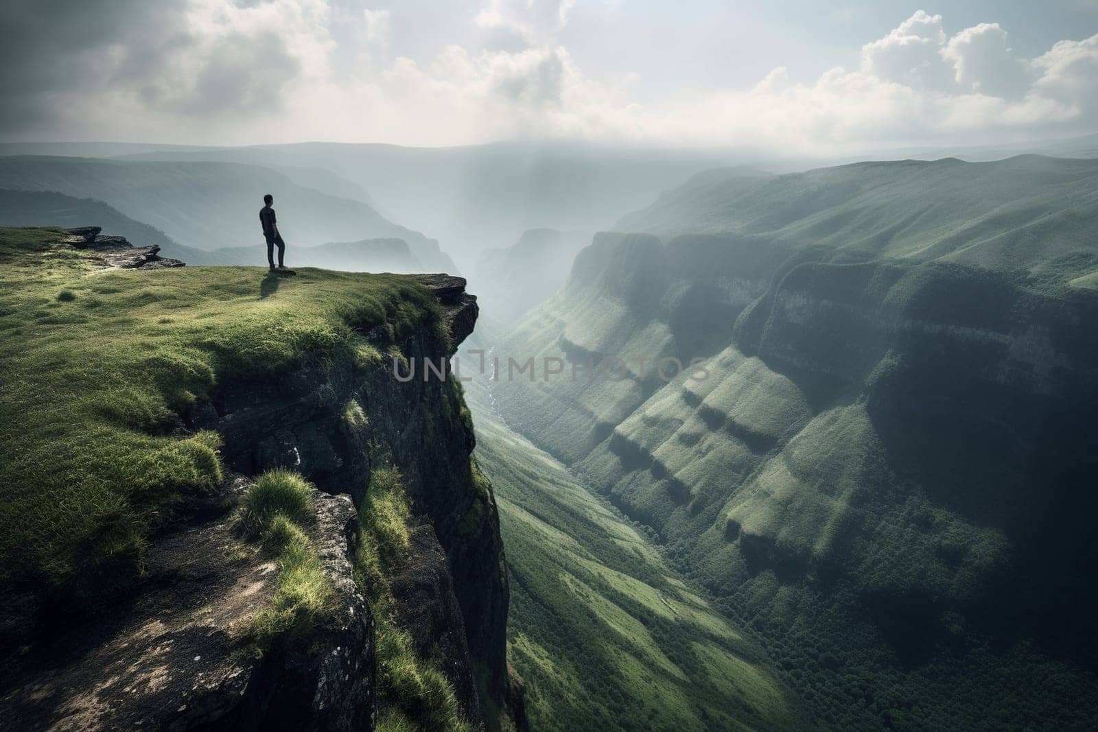 A person stands at the edge of a cliff, looking out over a vast valley below. The epic backdrop of mountains and valleys, and the high contrast lighting creates a dramatic and awe-inspiring scene. This scene can evoke feelings of power, inspiration, and a sense of being a small part of something much greater than oneself. (generative AI)