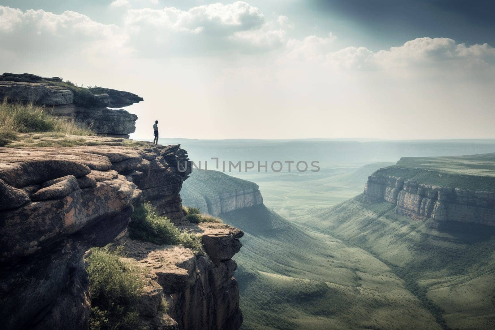 A person stands at the edge of a cliff, looking out over a vast valley below. The epic backdrop of mountains and valleys, and the high contrast lighting creates a dramatic and awe-inspiring scene. This scene can evoke feelings of power, inspiration, and a sense of being a small part of something much greater than oneself. (generative AI)