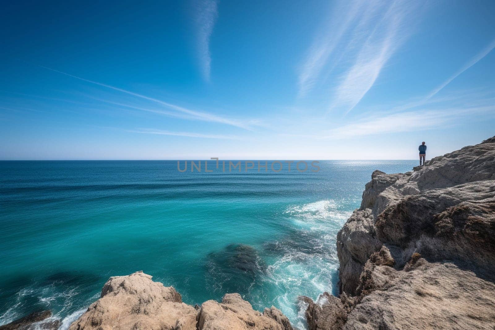 The person stands at the edge of the rocky cliff, staring out into the endless expanse of blue ocean and sky. The beauty and majesty of the natural world are on full display, with the vastness of the horizon dwarfing all else. This scene inspires a sense of awe and wonder, with a peaceful and reflective quality that is unmatched. (generative AI)