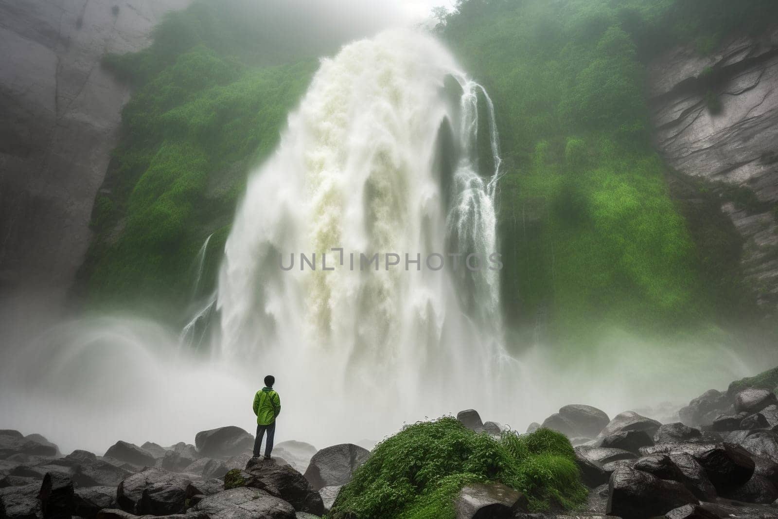 A person stands at the base of a powerful waterfall, feeling the strength and force of the cascading water. The scene is natural and awe-inspiring, with the deafening roar of the waterfall adding to the breathtaking atmosphere. This scene can evoke feelings of wonder, awe, and appreciation for the beauty and power of the natural world. (generative AI)