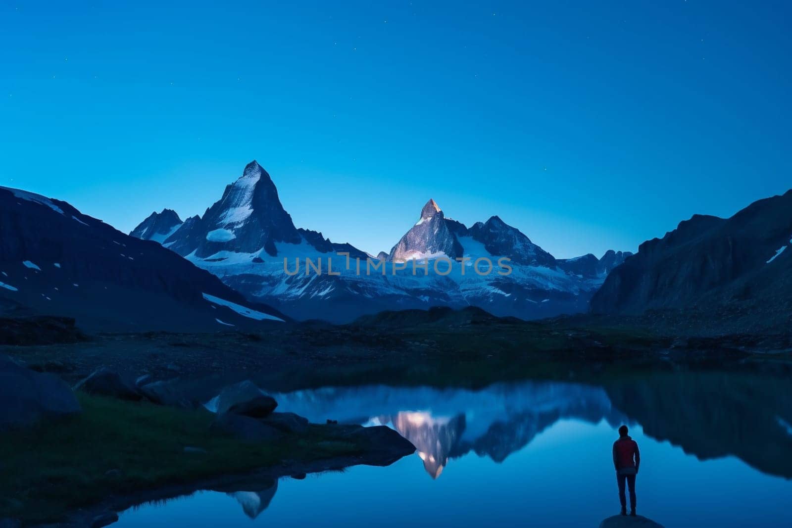 A lone figure stands in front of an awe-inspiring mountain range. The blue hour light creates a serene and peaceful atmosphere, allowing the viewer to reflect on the grandeur of nature. The panoramic view of the mountains and valleys evokes a sense of wonder and awe at the vastness of the landscape. This scene can evoke feelings of appreciation, reflection, and introspection. (generative AI)