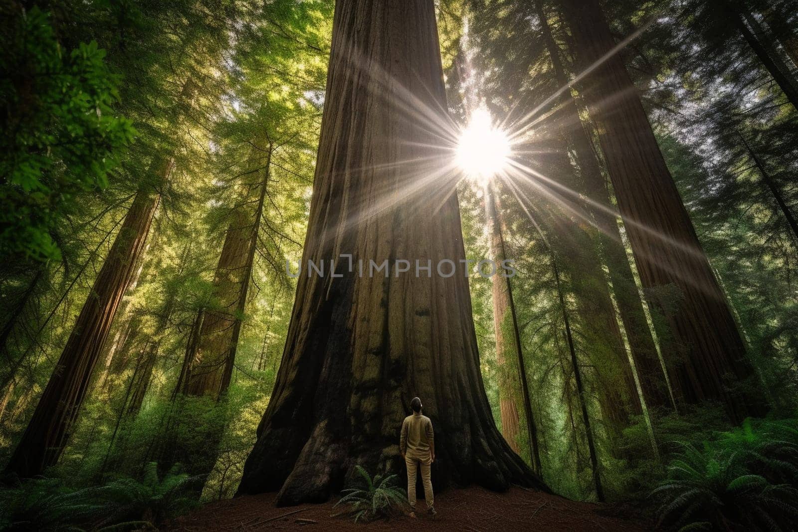 Standing in front of a giant redwood tree, a person gazes up at its immense height, feeling the awe-inspiring power of nature. The deep greens of the foliage and the vastness of the tree create a serene and dreamy atmosphere, perfect for reflective contemplation. This scene evokes feelings of power, inspiration, serenity, and contemplation. (generative AI)