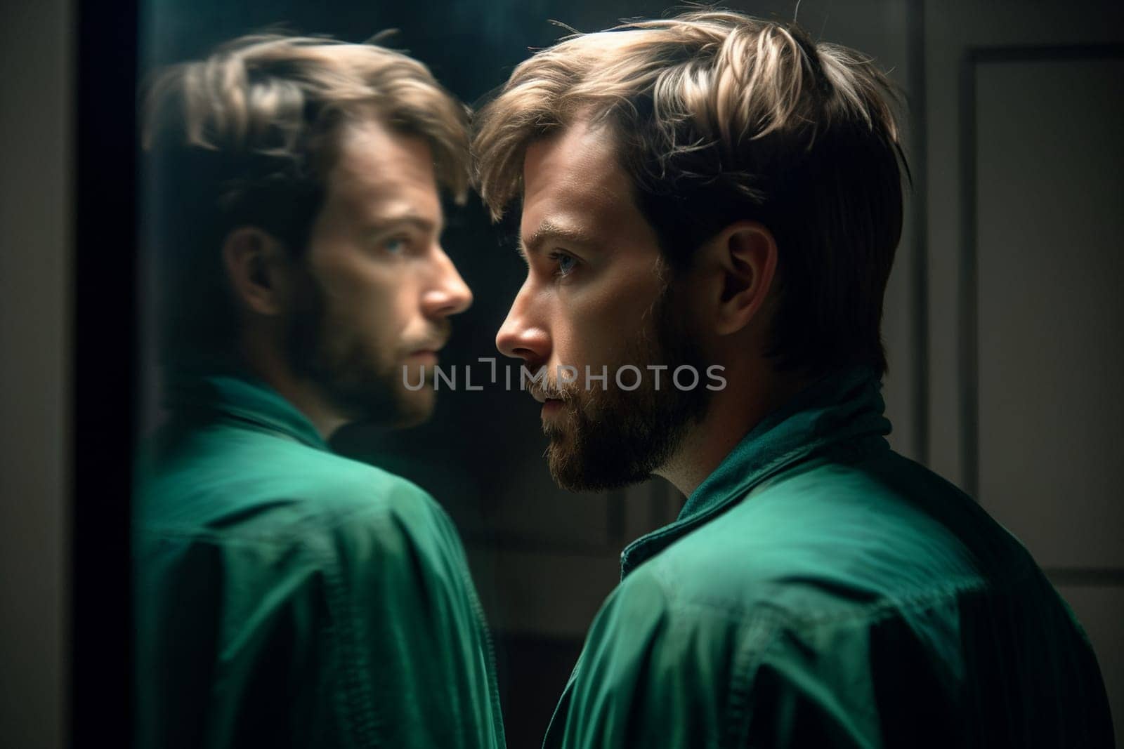 A person stands in front of a mirror, staring deep into their own eyes. The scene is introspective and emotional, with the focus entirely on the person's inner thoughts and feelings. This scene can evoke feelings of self-awareness, contemplation, and raw emotion. (generative AI)