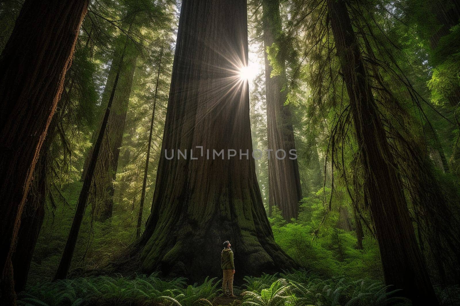 Standing in front of a giant redwood tree, a person gazes up at its immense height, feeling the awe-inspiring power of nature. The deep greens of the foliage and the vastness of the tree create a serene and dreamy atmosphere, perfect for reflective contemplation. This scene evokes feelings of power, inspiration, serenity, and contemplation. (generative AI)