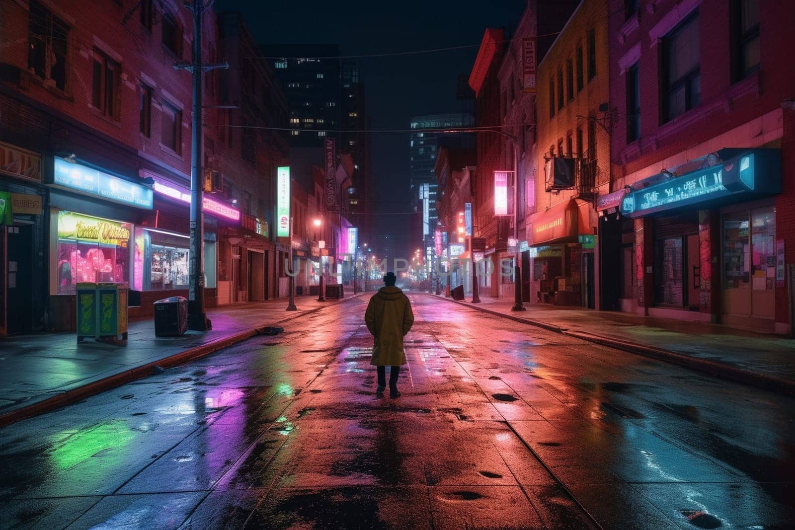 A person stands in the middle of a bustling city street at night, surrounded by the vibrant energy of the city. The shifting lights and sounds create a sensory overload that is both exhilarating and overwhelming. This scene can evoke feelings of loneliness, excitement, and a sense of being alive in the midst of the chaotic world. (generative AI)
