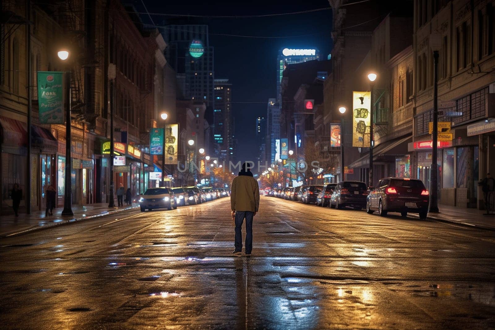 A person stands in the middle of a bustling city street at night, surrounded by the vibrant energy of the city. The shifting lights and sounds create a sensory overload that is both exhilarating and overwhelming. This scene can evoke feelings of loneliness, excitement, and a sense of being alive in the midst of the chaotic world. (generative AI)
