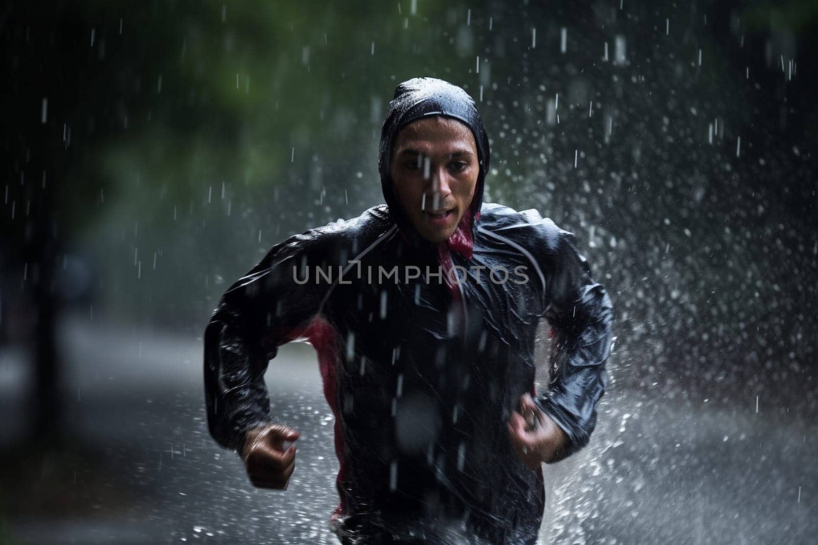 A person runs energetically through the rain, without an umbrella, soaking wet from head to toe. The scene is dynamic and lively, with the rain creating a high contrast atmosphere. The refreshing coldness of the rain and the freedom of running create a natural rhythm in the mind and body, wiping away stress and daily concerns. This scene can evoke feelings of freedom, energy, and mental clarity. (generative AI)