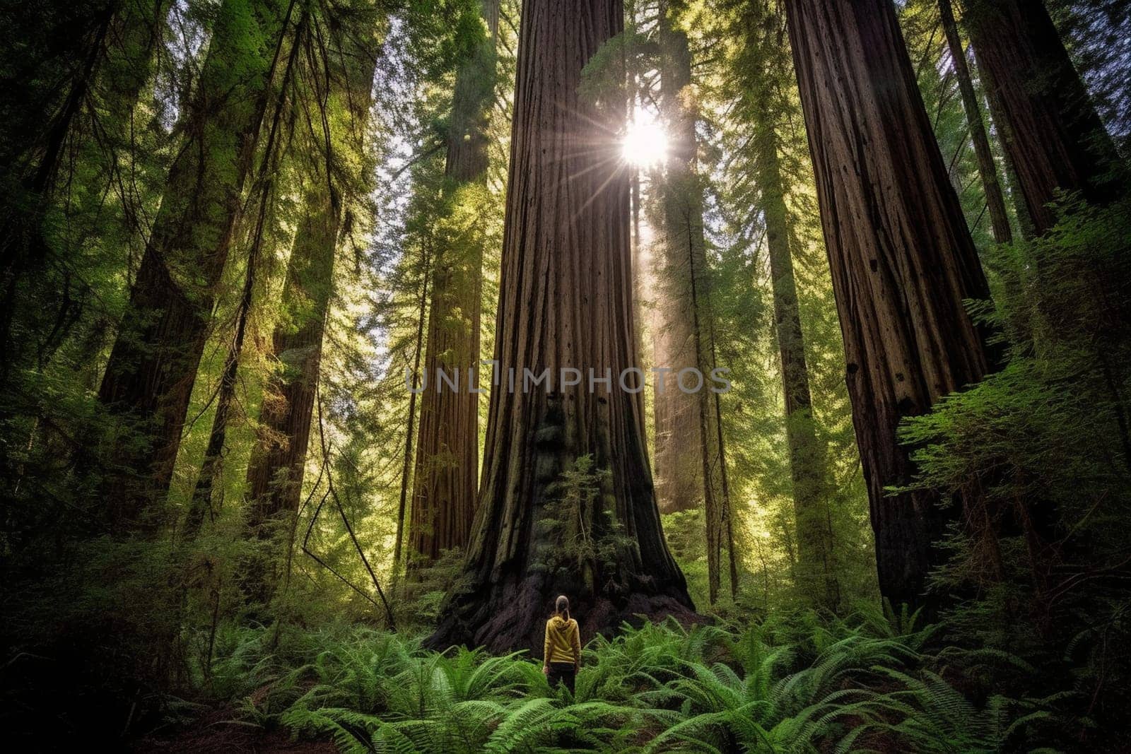 Standing in front of a giant redwood tree, a person gazes up at its immense height, feeling the awe-inspiring power of nature. The deep greens of the foliage and the vastness of the tree create a serene and dreamy atmosphere, perfect for reflective contemplation. This scene evokes feelings of power, inspiration, serenity, and contemplation. (generative AI)