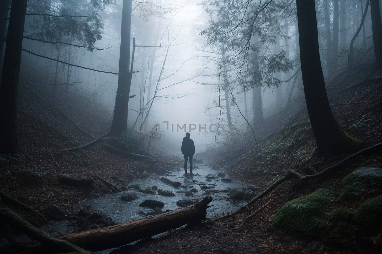 Lost in the middle of a dense and foggy forest, a person stands, feeling the mist all around them. The scene is mysterious and moody, with the sound of rustling leaves and branches all around them. This setting can evoke feelings of introspection, reflection, and the eerie beauty of the natural world. (generative AI)