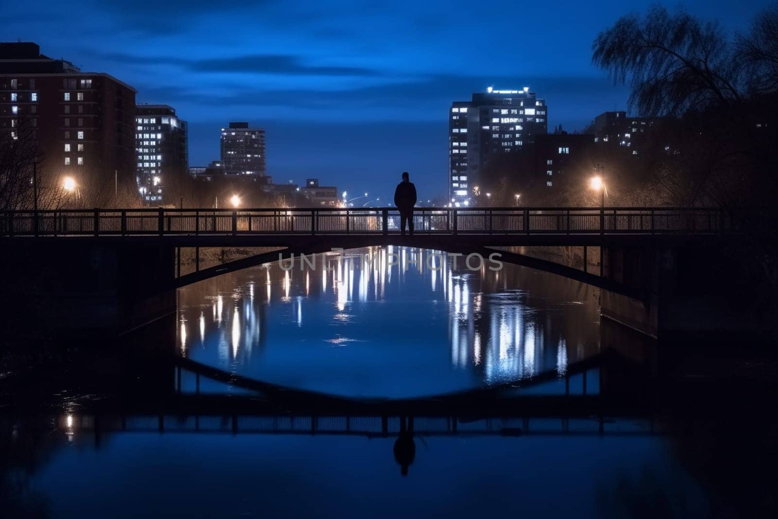 A person stands on a bridge at night, watching the city lights reflect on the water. The moody and atmospheric surroundings create a reflective and contemplative atmosphere, perfect for introspection. The blue hour light adds to the mysterious quality of the scene, evoking feelings of wonder and curiosity. This photo can evoke feelings of mystery, introspection, and contemplation. (generative AI)