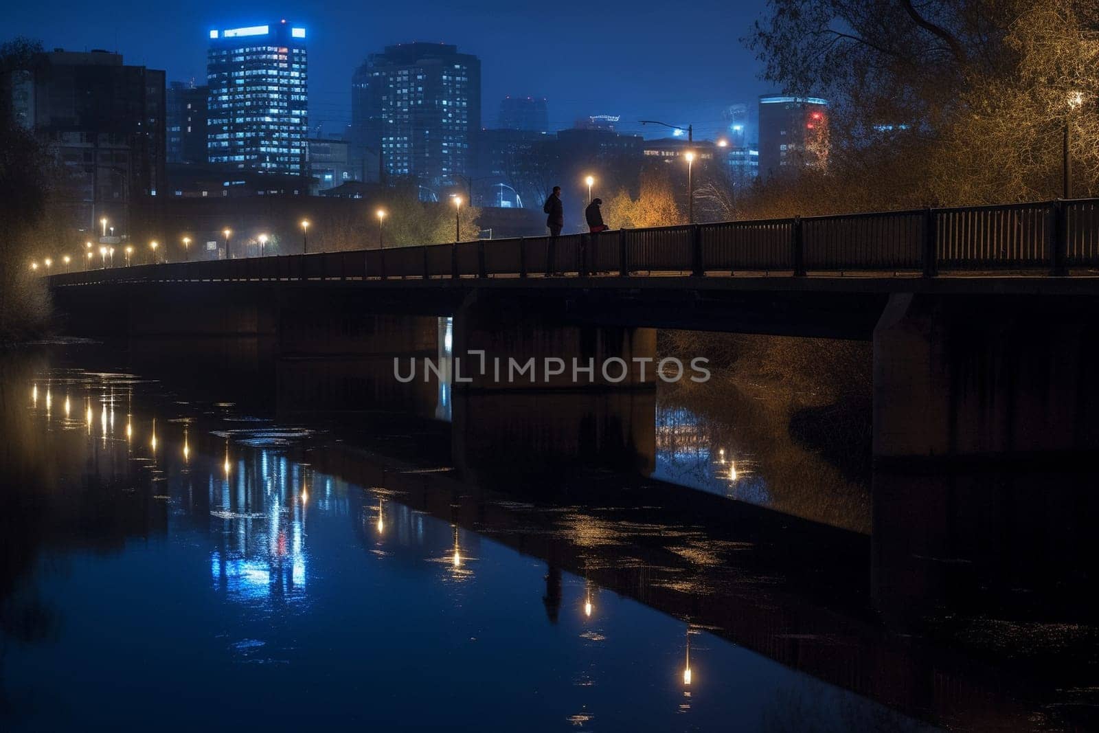 A person stands on a bridge at night, watching the city lights reflect on the water. The moody and atmospheric surroundings create a reflective and contemplative atmosphere, perfect for introspection. The blue hour light adds to the mysterious quality of the scene, evoking feelings of wonder and curiosity. This photo can evoke feelings of mystery, introspection, and contemplation. (generative AI)