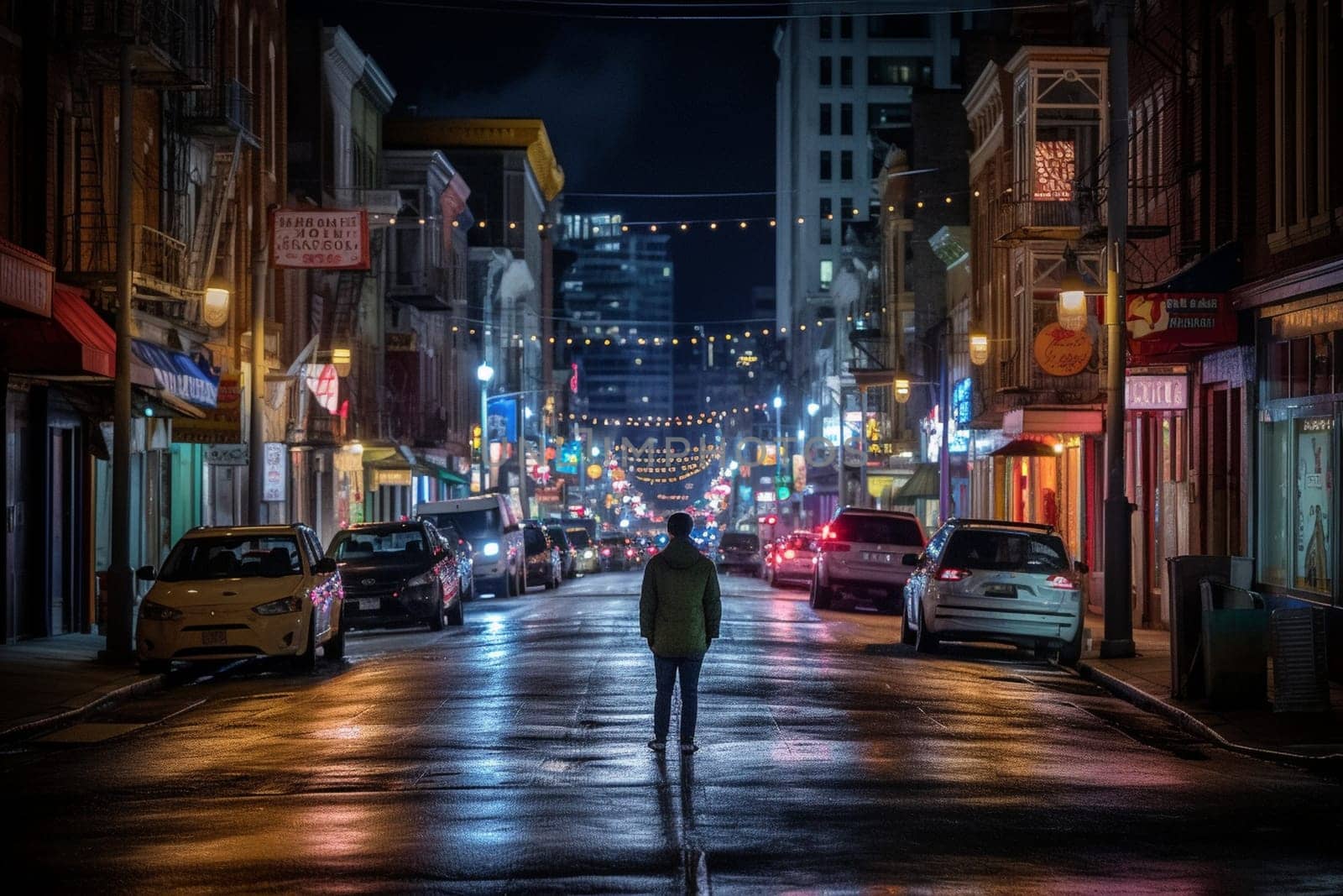 A person stands in the middle of a bustling city street at night, surrounded by the vibrant energy of the city. The shifting lights and sounds create a sensory overload that is both exhilarating and overwhelming. This scene can evoke feelings of loneliness, excitement, and a sense of being alive in the midst of the chaotic world. (generative AI)