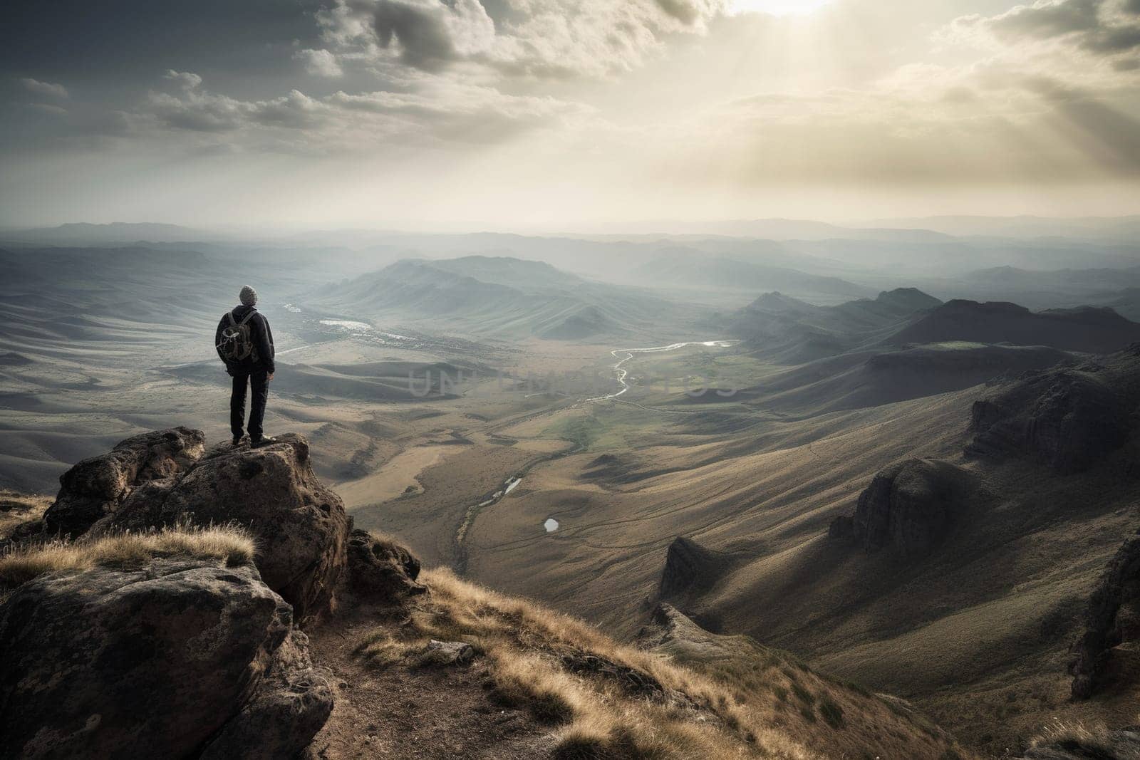 A person stands at the edge of a cliff, looking out over a vast valley below. The epic backdrop of mountains and valleys, and the high contrast lighting creates a dramatic and awe-inspiring scene. This scene can evoke feelings of power, inspiration, and a sense of being a small part of something much greater than oneself. (generative AI)