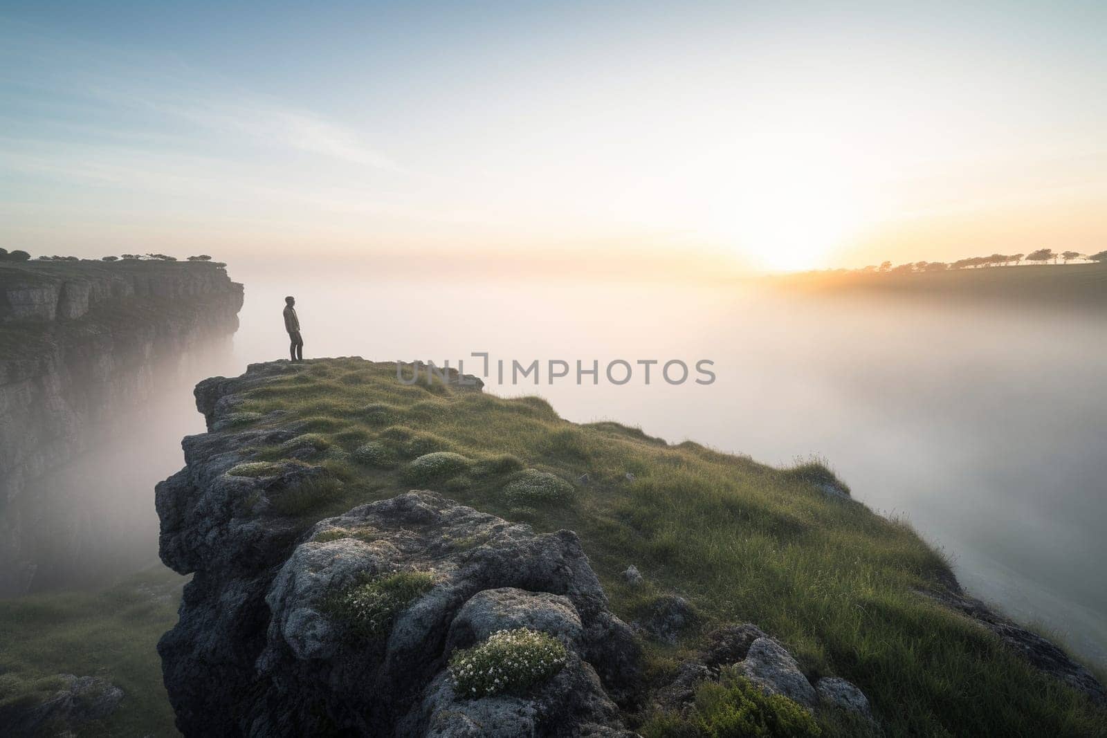 A person stands on a cliff at dawn, gazing out at the calm and peaceful landscape. The pastel colors of the sky and the misty atmosphere add to the majestic scenery, evoking feelings of wonder and tranquility. (generative AI)