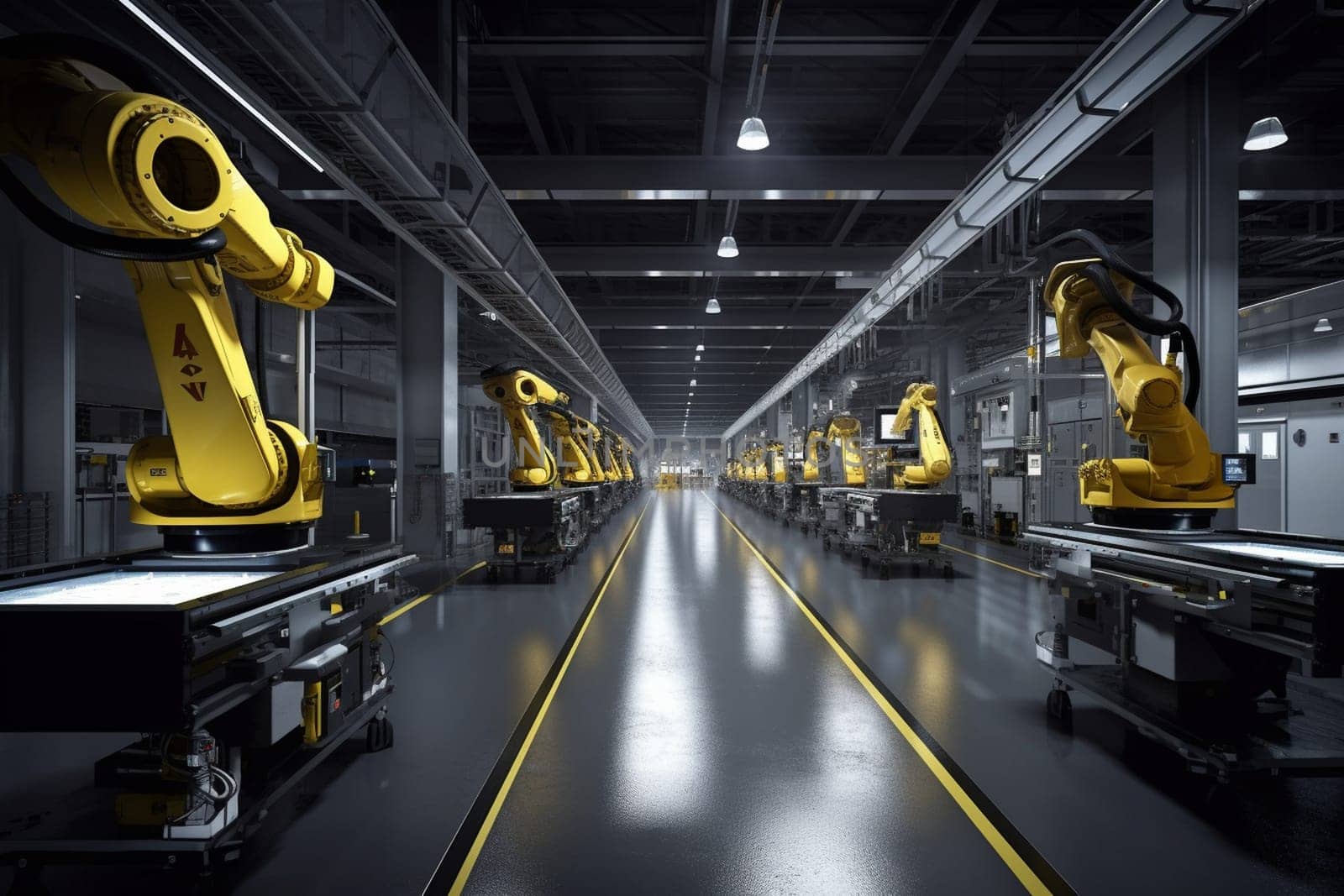 In this highly advanced manufacturing facility, robots work tirelessly on an assembly line to create high-quality products with extreme efficiency. With their precision and speed, they are able to increase productivity and drive the success of the company. (generative AI)