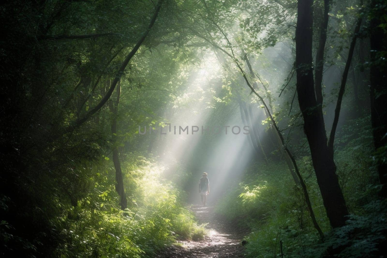 A person walks through a mystical and misty forest, with shafts of light shining through the trees. The atmospheric and mysterious atmosphere induces a sense of inner reflection and contemplation, with the green surroundings providing a peaceful and serene ambiance. This scene is perfect for those seeking a dreamy and magical location in which to explore their innermost thoughts. (generative AI)