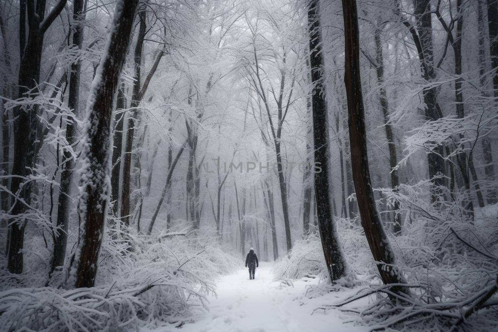 A person walks through a snow-covered forest during a gentle snowfall. The magical and dreamy atmosphere is heightened by the mystical and soft light emanating from the surroundings. The scene creates a peaceful and romantic atmosphere, ideal for introspection and stillness. (generative AI)