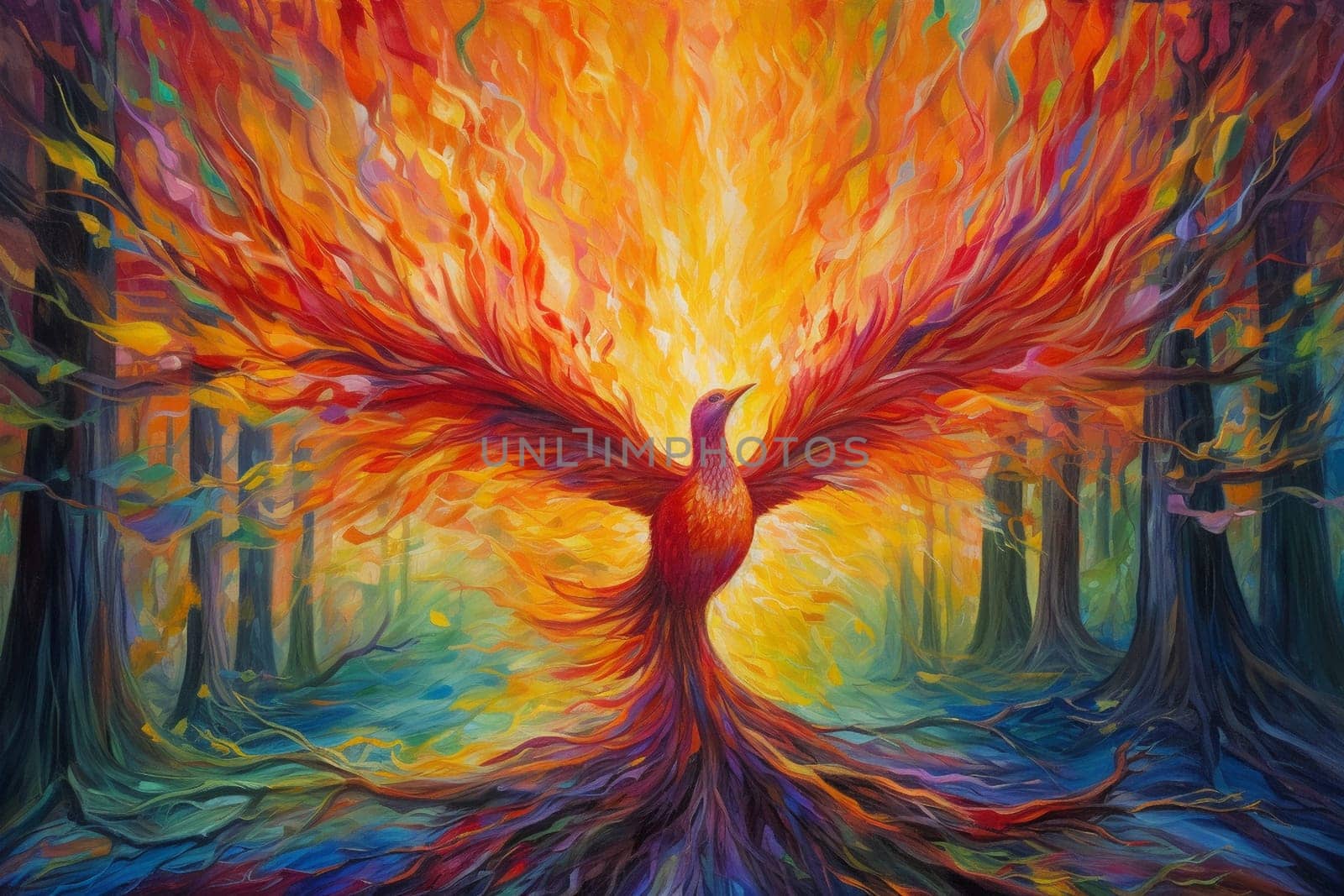 The phoenix is a magnificent bird of legend, known for its powerful magic and ability to rise from the ashes. In this fiery scene, the phoenix rises from the singed ground of a forest grove, creating a vibrant and dynamic display of power and beauty. (generative AI)
