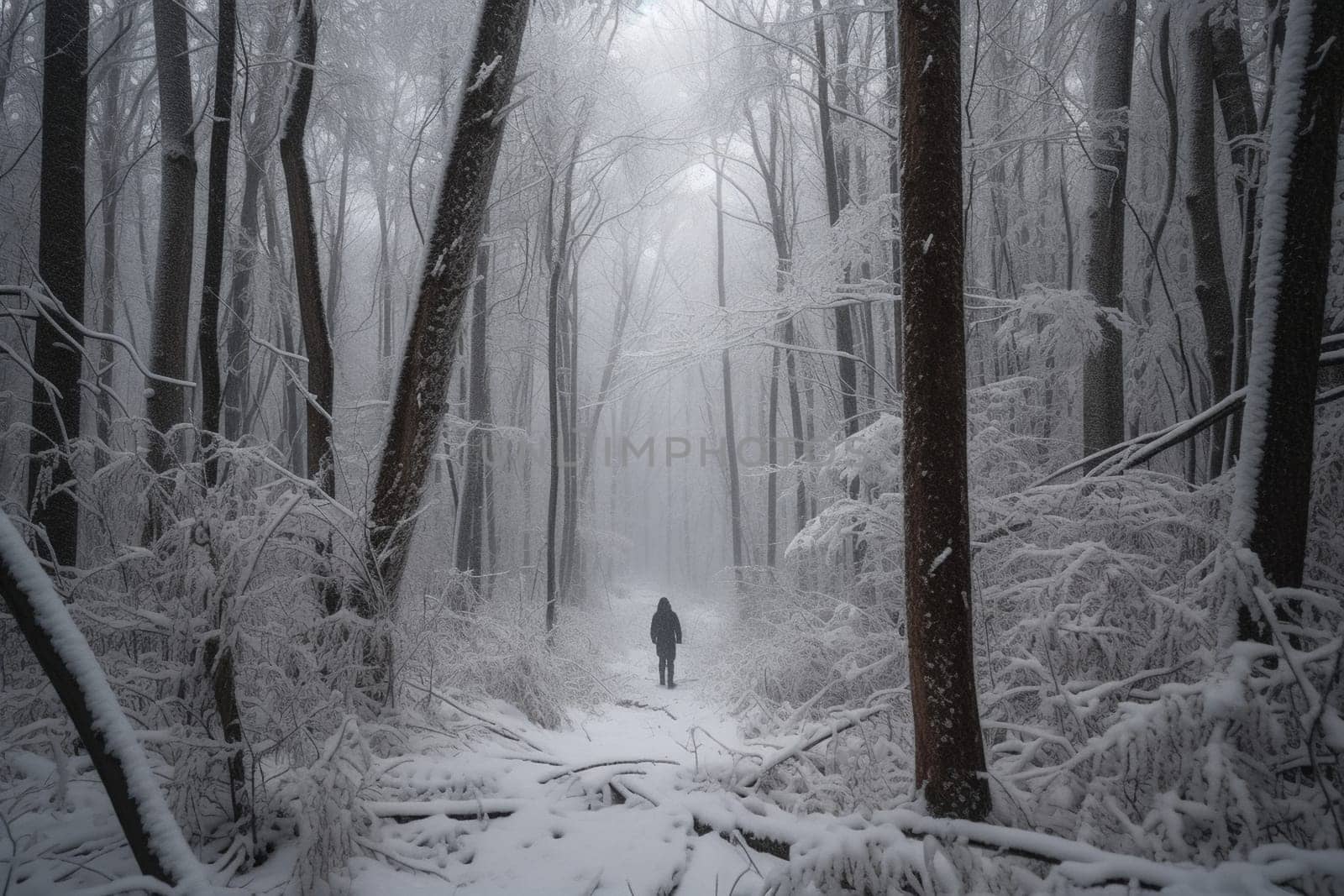A person walks through a snow-covered forest during a gentle snowfall. The magical and dreamy atmosphere is heightened by the mystical and soft light emanating from the surroundings. The scene creates a peaceful and romantic atmosphere, ideal for introspection and stillness. (generative AI)