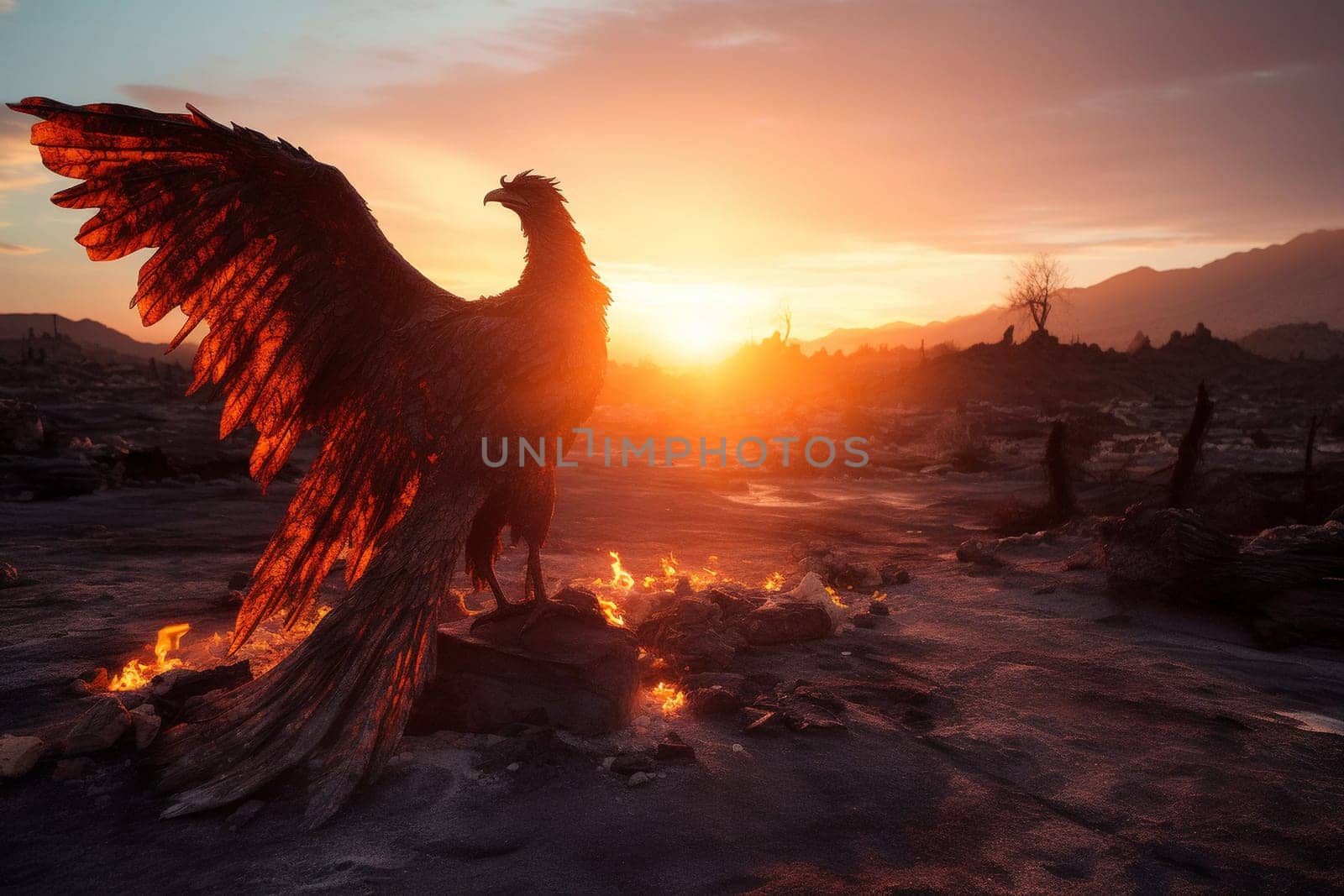 The phoenix, a mythological bird that represents rebirth and renewal, is seen rising from the ashes in a barren wasteland. The dramatic and fiery scene is both apocalyptic and post-apocalyptic, causing a mix of emotions in the viewer. This dark fantasy scene is one of power, resilience, and beauty. (generative AI)