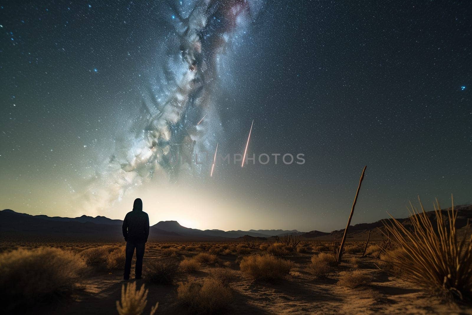 A person watches a meteor shower in the middle of a desert, surrounded by the mysterious and mystical atmosphere of the starry night. The scene is mysterious and dark, with the brightness of the meteors and stars adding a cosmic touch to the scene. The dark and starry atmosphere helps the mind to contemplate the vastness of the universe, and enter a reflective and awe-inspiring state. This scene can evoke feelings of mystery, wonder, and cosmic unity. (generative AI)