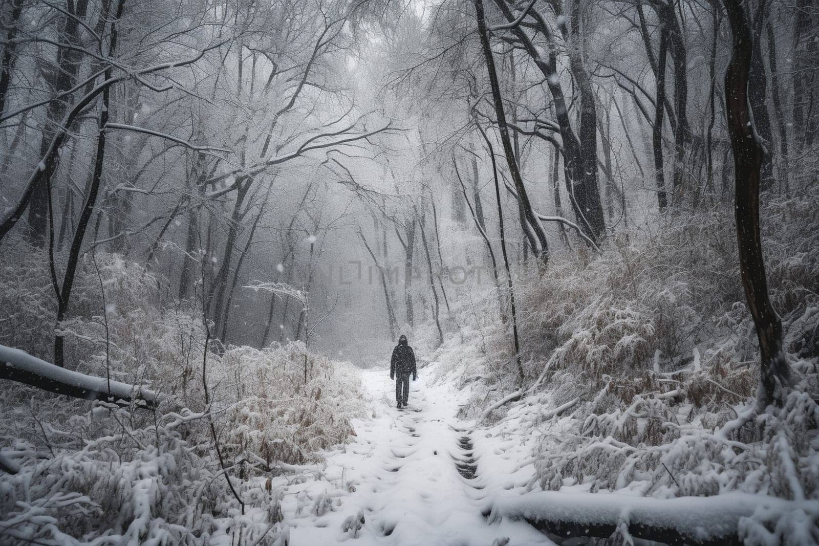 A person walks through a snow-covered forest during a gentle snowfall. The magical and dreamy atmosphere is heightened by the mystical and soft light emanating from the surroundings. The scene creates a peaceful and romantic atmosphere, ideal for introspection and stillness. (generative AI)