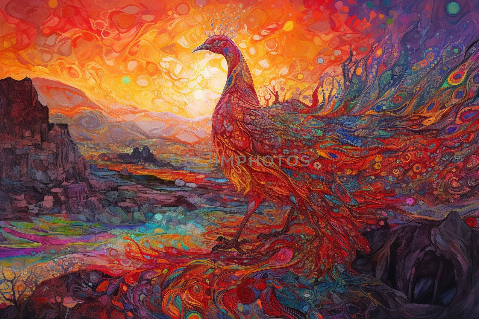 The phoenix is a powerful symbol of rebirth and renewal. In this scene, the phoenix is seen rising from the ashes in an otherworldly landscape that is surreal and fantastical. The colors are bright and glowing, creating a sense of magic and wonder. (generative AI)