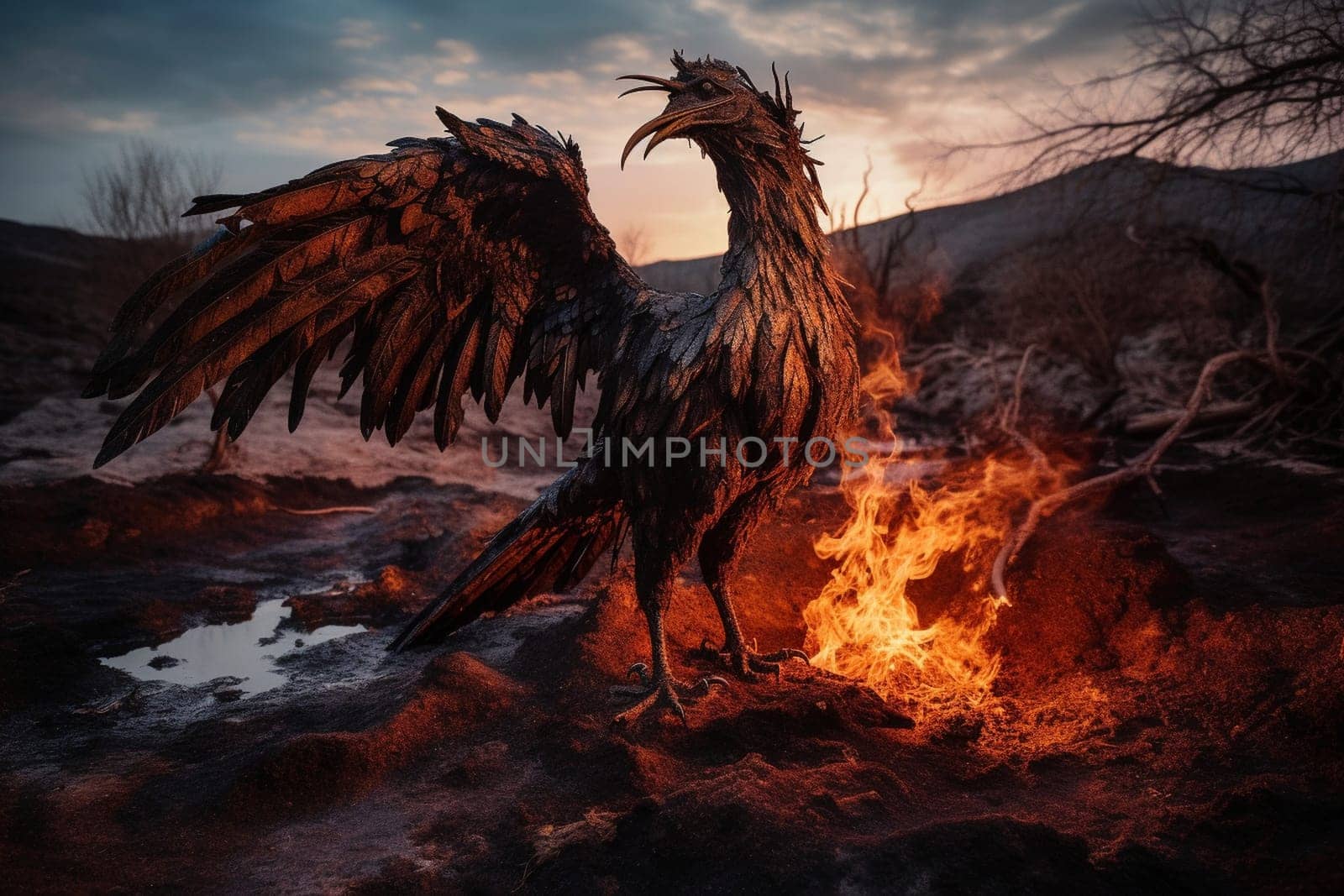 The phoenix, a mythological bird that represents rebirth and renewal, is seen rising from the ashes in a barren wasteland. The dramatic and fiery scene is both apocalyptic and post-apocalyptic, causing a mix of emotions in the viewer. This dark fantasy scene is one of power, resilience, and beauty. (generative AI)
