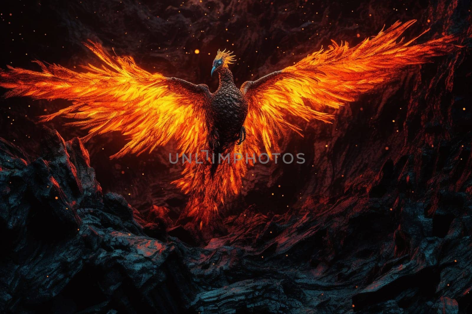 The phoenix spreads its fiery wings and soars through a dramatic inferno, with molten lava raging below. The scene is both beautiful and terrifying, evoking the power and majesty of this legendary creature. (generative AI)