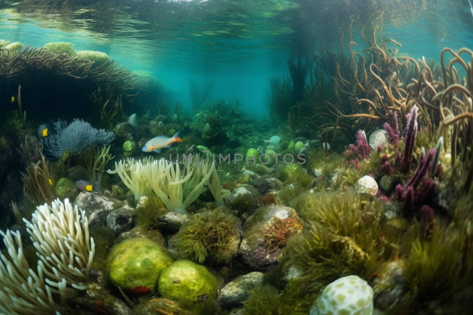 Immerse yourself in a breathtaking aquatic garden, where delicate seagrasses sway in the current and colorful anemones cling to the rocks. A diverse ecosystem of marine life coexists in the vibrant landscape, creating a peaceful and serene underwater paradise. (generative AI)