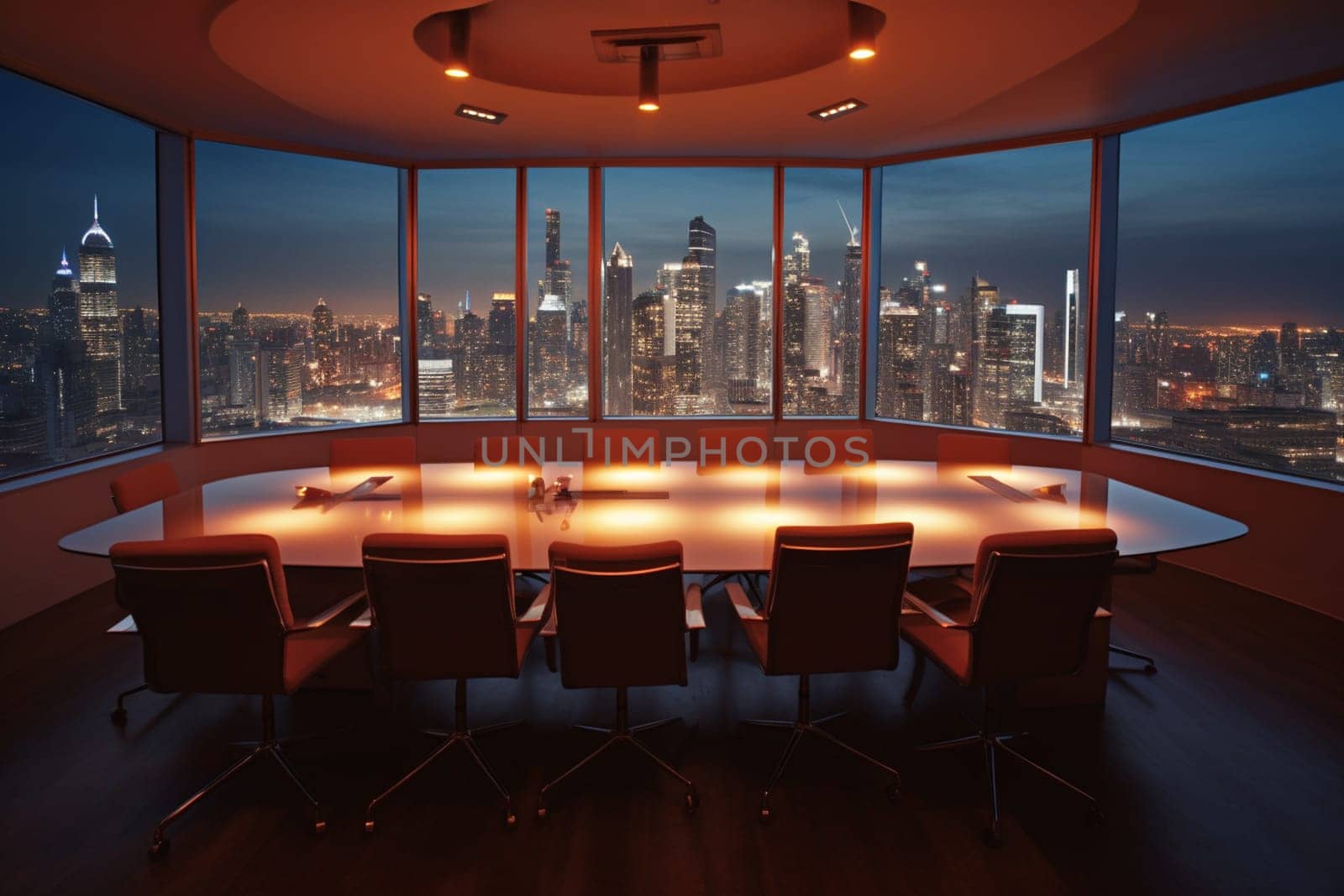 The conference room is a space where business leaders come together to strategize, collaborate, and innovate. With panoramic views of the city skyline, this room is the perfect place to brainstorm big ideas and build a better future. (generative AI)