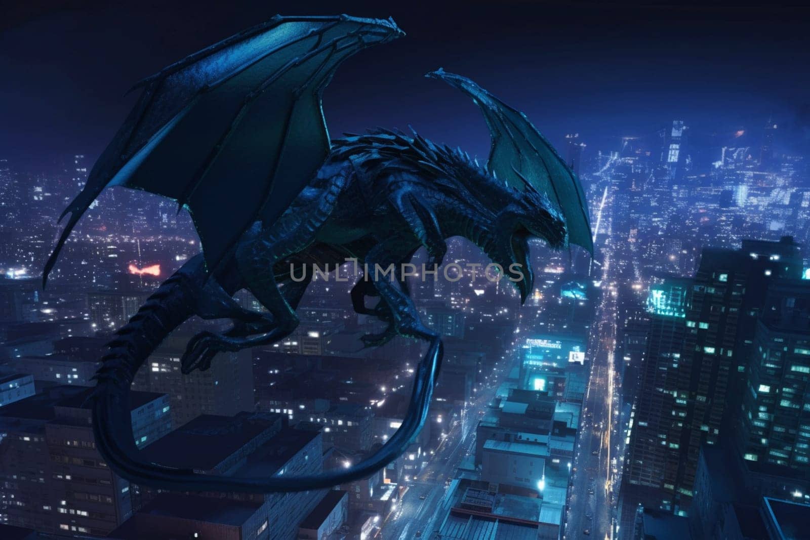 The robotic dragon takes flight over a futuristic city, its sleek mechanical form illuminated by the neon lights of skyscrapers. The scene is dynamic and high-tech, giving a glimpse into a futuristic world of dragons and technology. (generative AI)