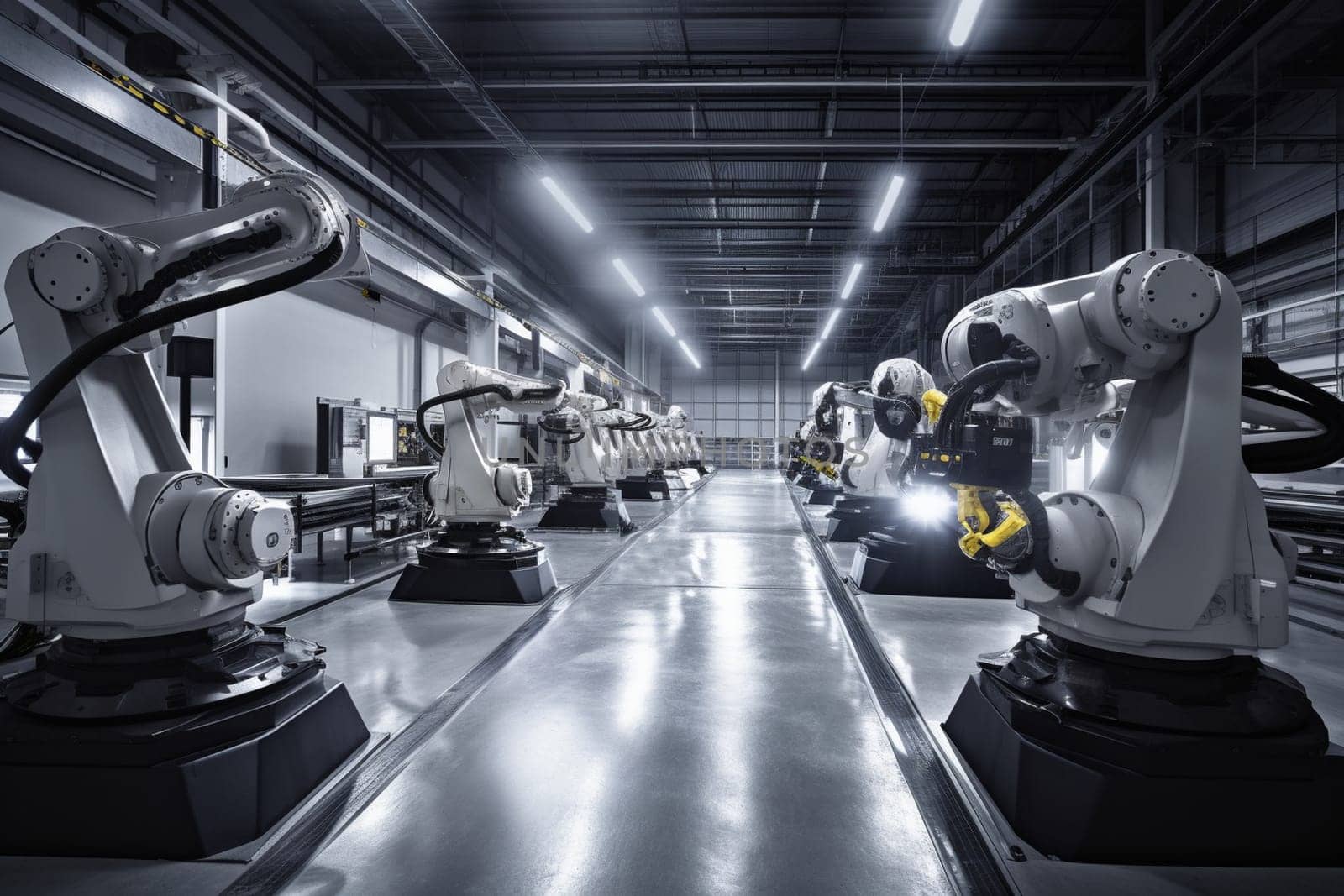 In a highly advanced and efficient manufacturing plant, robots work tirelessly to produce cutting-edge technology. The futuristic environment is meticulously organized and optimized for maximum productivity and efficiency, while maintaining the highest standards of quality. (generative AI)