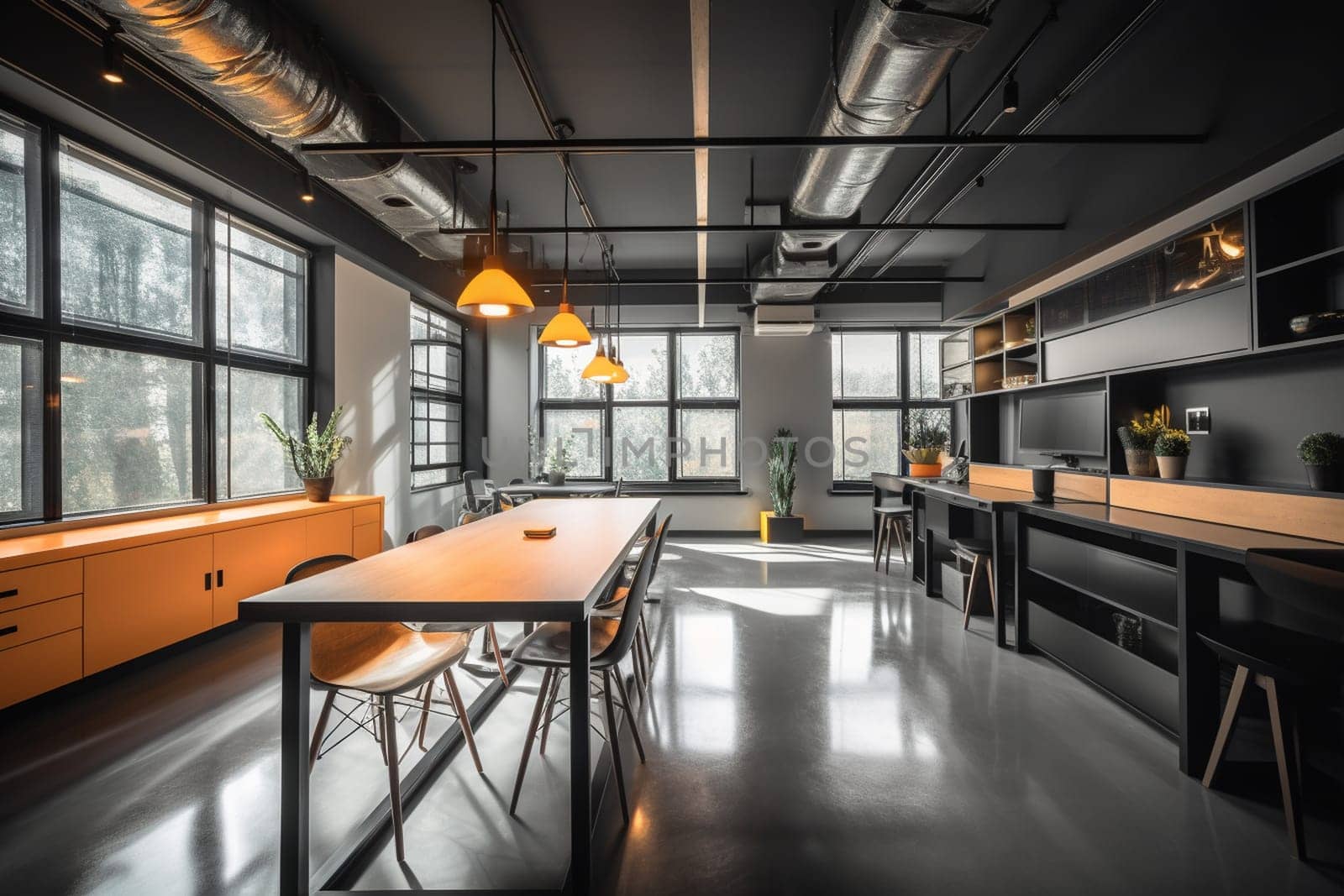 The co-working space is a place where entrepreneurs and freelancers can thrive, sharing ideas and creating innovations together. The vibe is energetic and the atmosphere is always buzzing with creativity. (generative AI)