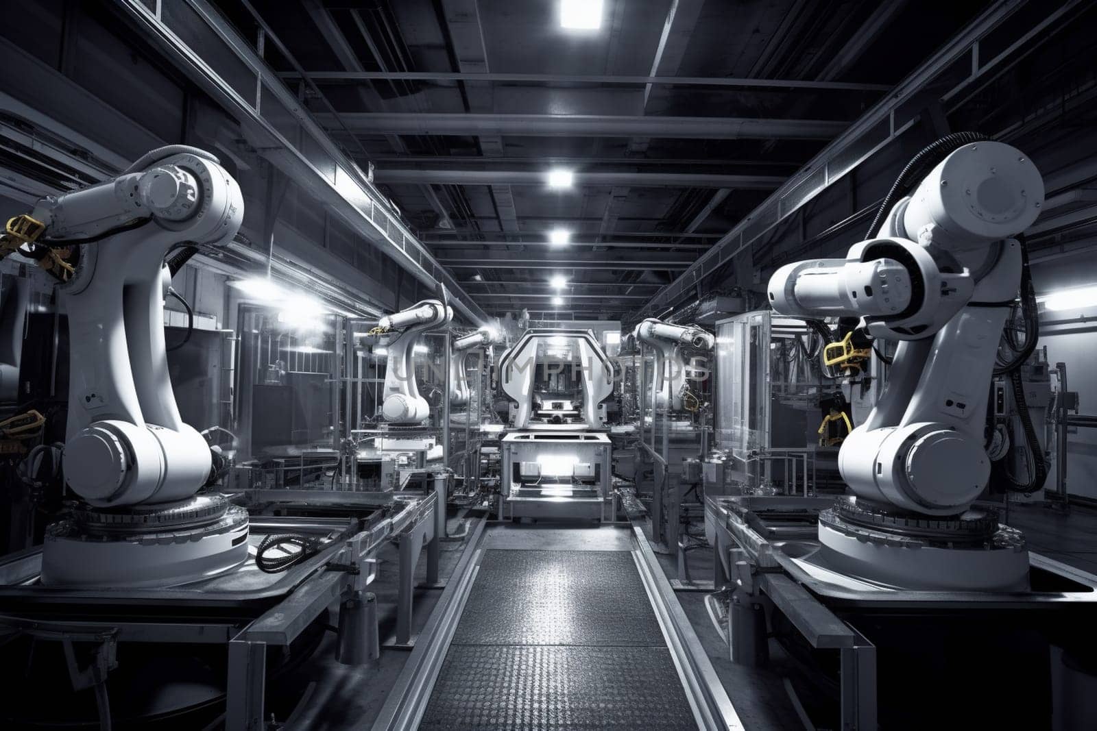 In a highly advanced and efficient manufacturing plant, robots work tirelessly to produce cutting-edge technology. The futuristic environment is meticulously organized and optimized for maximum productivity and efficiency, while maintaining the highest standards of quality. (generative AI)