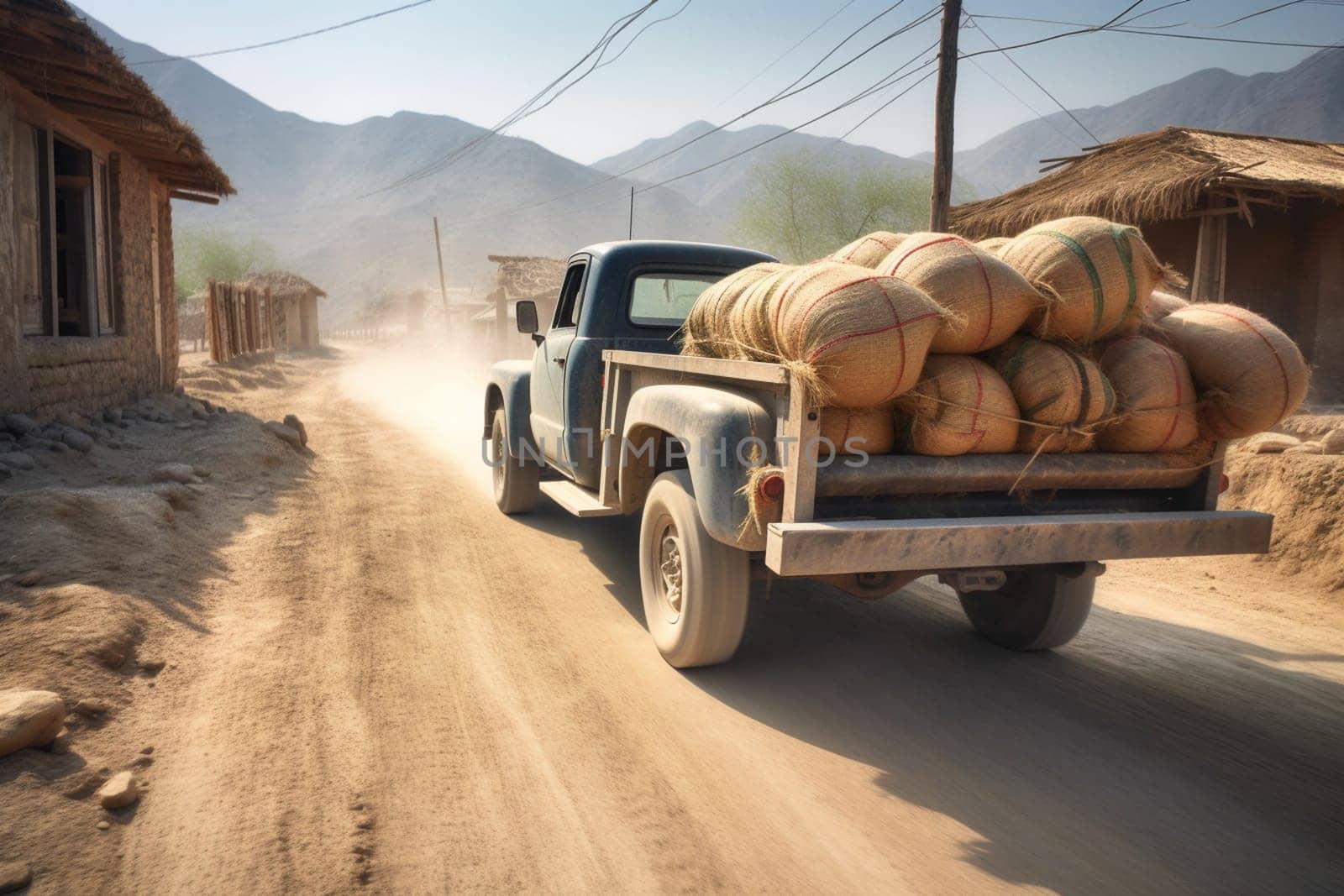 A rugged pickup truck makes its way down a dusty dirt road, hauling a load of building materials to a construction site. The truck is sturdy and reliable, with a rough and ready design that is perfect for off-road driving. The landscape is dry and arid, with distant mountains visible in the horizon. (generative AI)