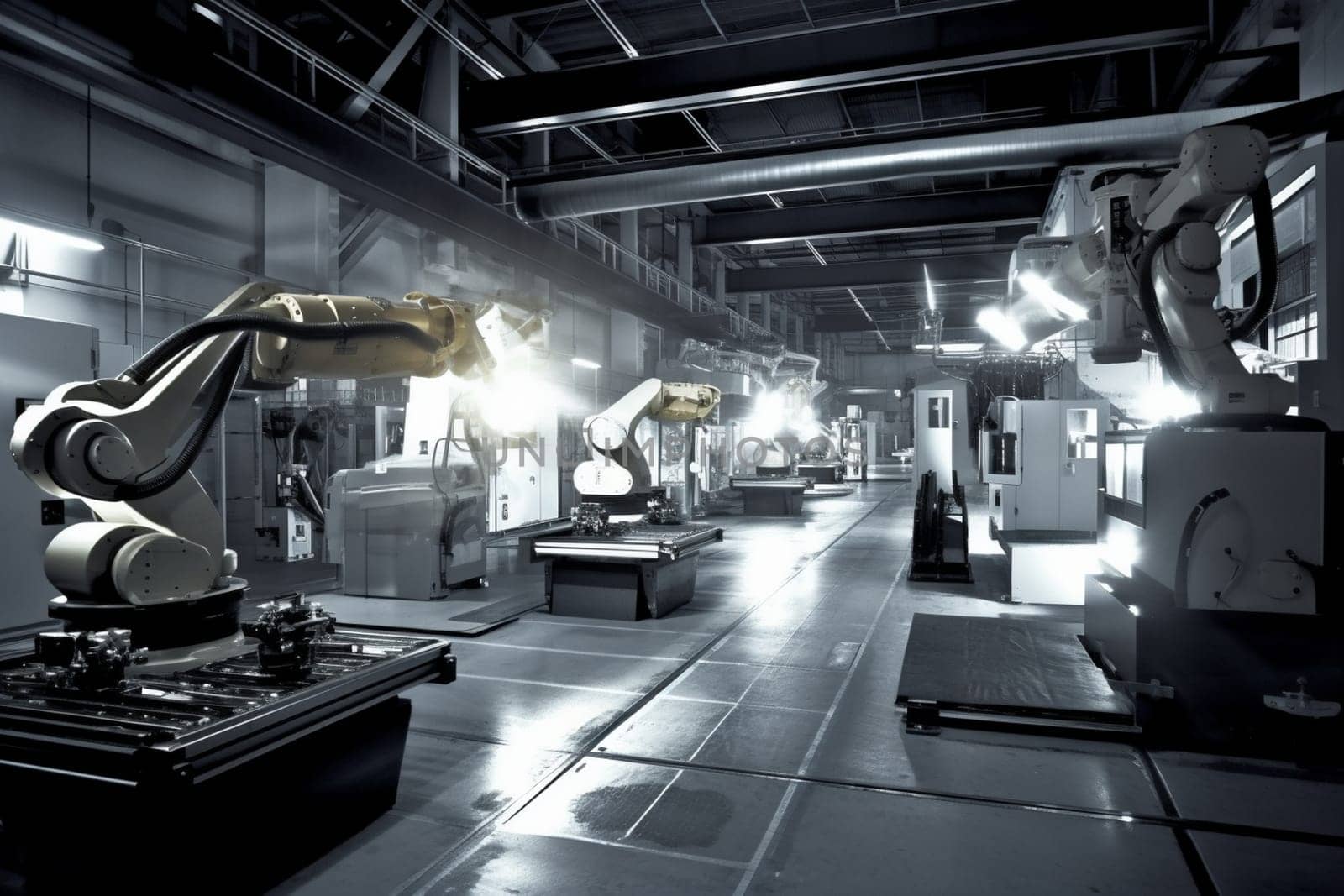 In a highly advanced and efficient manufacturing plant, robots work tirelessly to produce cutting-edge technology. The futuristic environment is meticulously organized and optimized for maximum productivity and efficiency, while maintaining the highest standards of quality. (generative AI)
