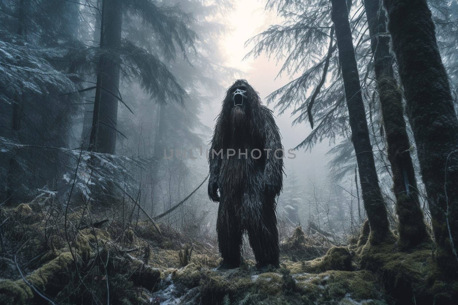 The sasquatch, a mythical creature often associated with mystery and the paranormal, is seen standing in the middle of a foggy forest. The atmosphere is eerie and mysterious, creating a sense of fear and awe in the viewer. The dark and high contrast photography adds to the sense of mystique and intrigue. (generative AI)