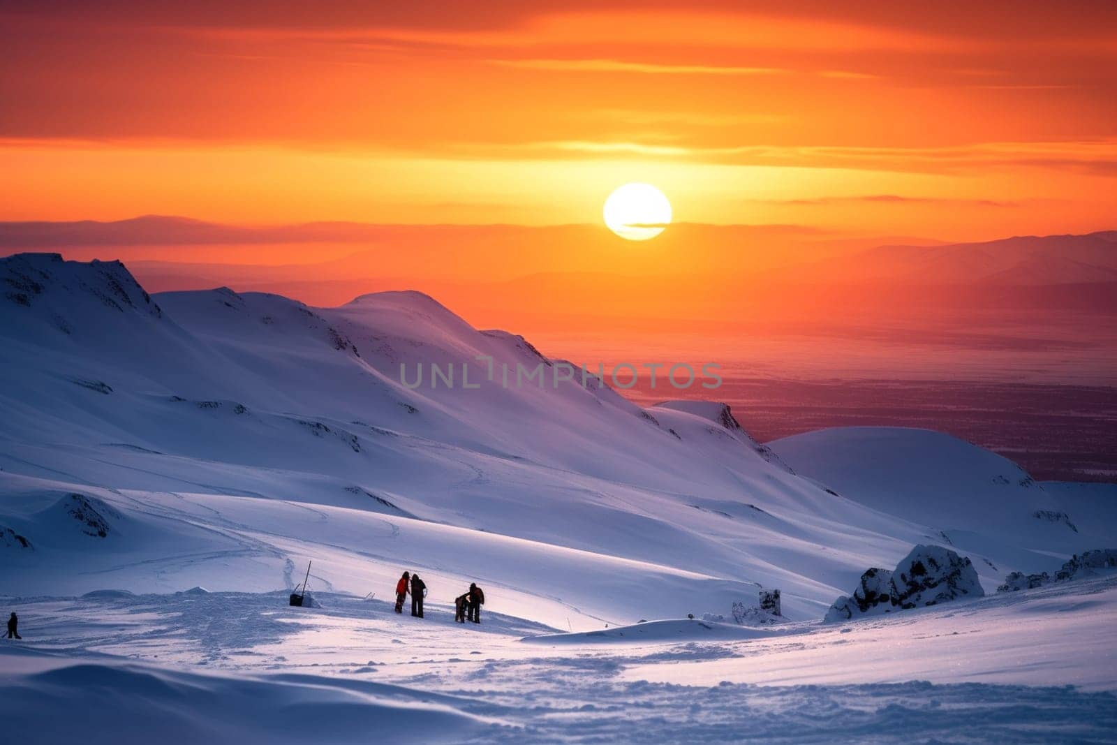 Standing at the peak of a snow-covered mountain, a group of skiers soak up the vibrant colors of a stunning sunset. The warm oranges and pinks of the sun contrast beautifully with the cool, snowy landscape, creating a dramatic and awe-inspiring scene. With the adrenaline of skiing amid such incredible beauty, this scene evokes feelings of exhilaration, adventure, and accomplishment. (generative AI)
