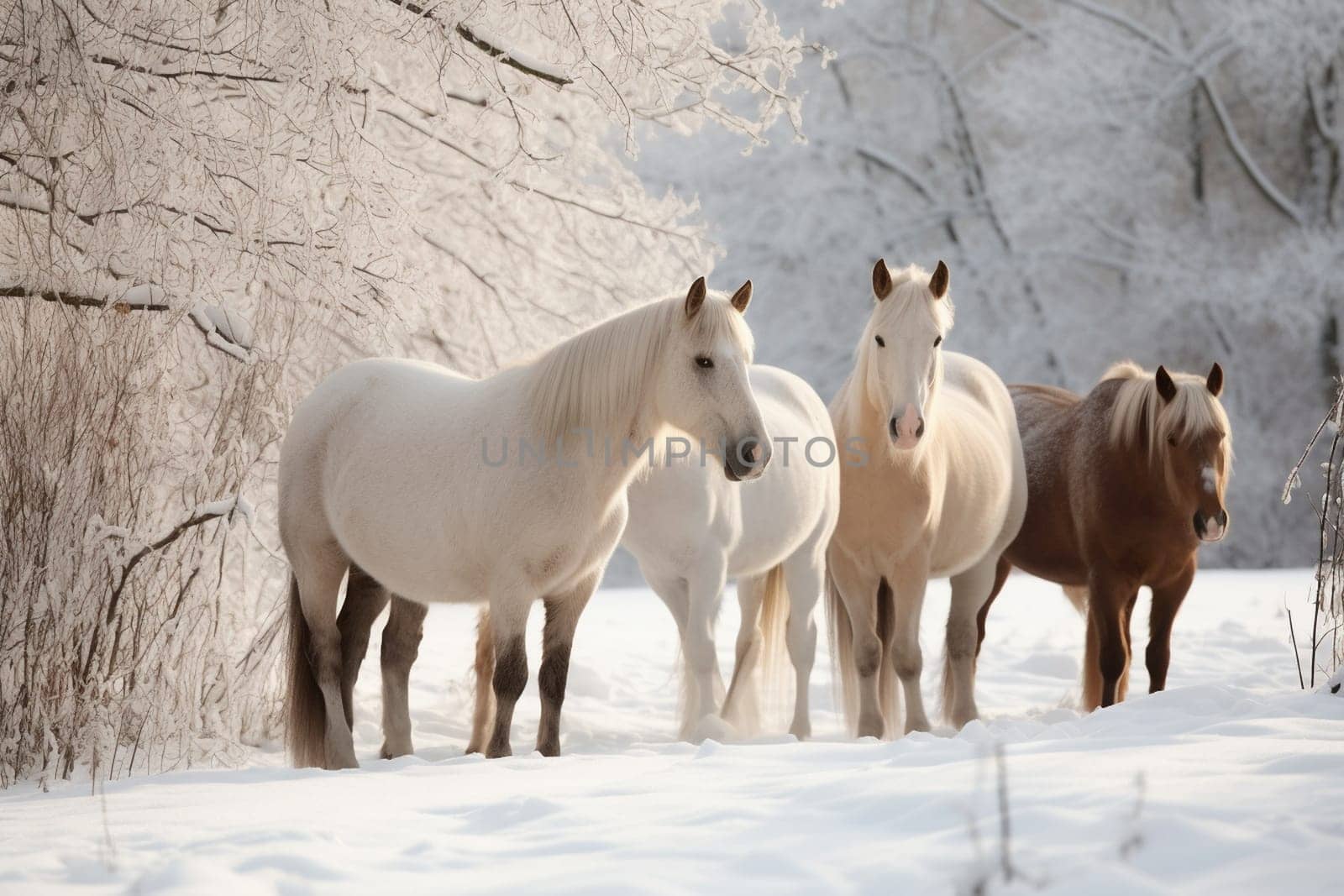 In a pristine, snowy landscape, a group of horses gather in the foreground, steam rising from their nostrils. The white and brown of the horses contrast with the snowy landscape, creating a timeless and dreamy atmosphere. This scene evokes feelings of coziness, warmth, peace, majesty, and nostalgia. (generative AI)