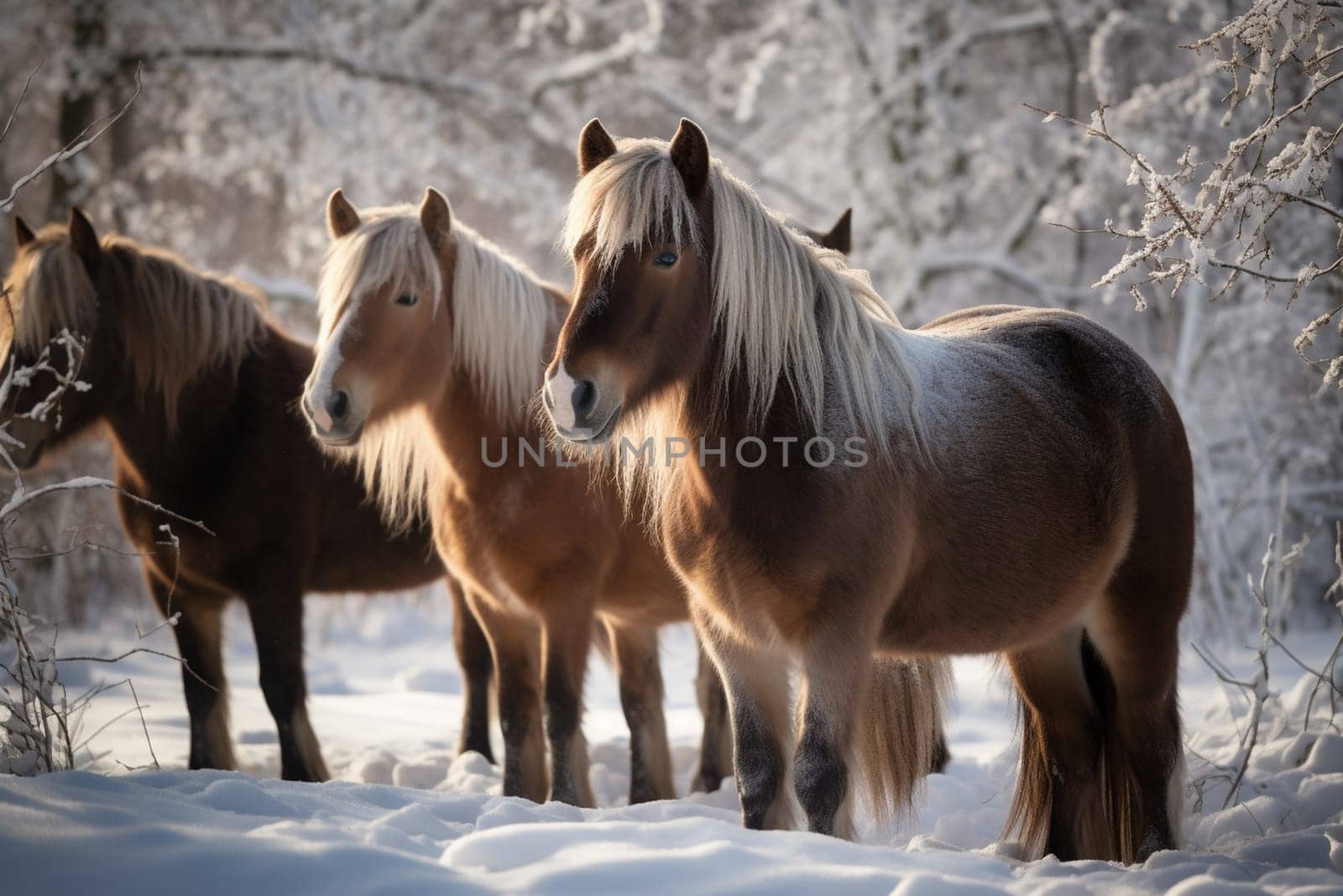 In a pristine, snowy landscape, a group of horses gather in the foreground, steam rising from their nostrils. The white and brown of the horses contrast with the snowy landscape, creating a timeless and dreamy atmosphere. This scene evokes feelings of coziness, warmth, peace, majesty, and nostalgia. (generative AI)