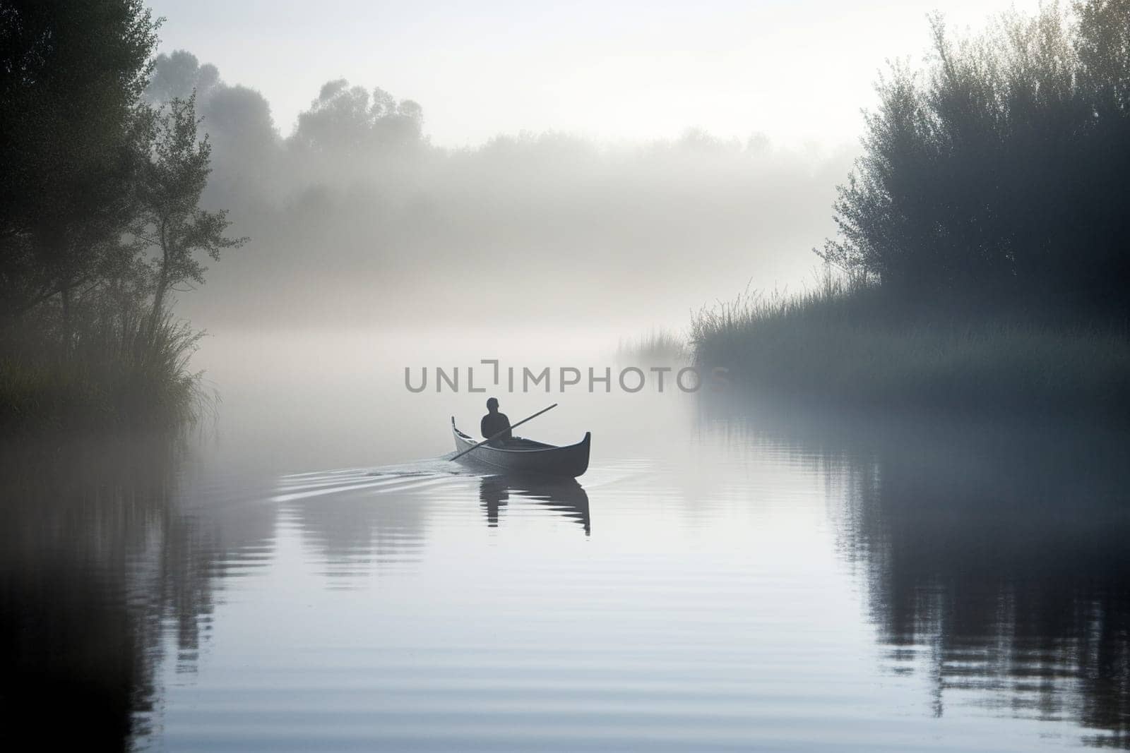 A solitary figure rows a small boat across a peaceful and misty lake, the sound of gentle waters lapping at the sides. The scene is tranquil and serene, with the mist adding to the sense of calm and quiet reflection. This scene can evoke feelings of inner peace, meditation, and connection with nature. (generative AI)