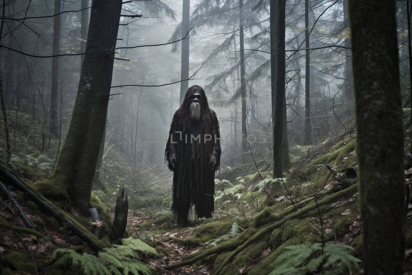 The sasquatch, a mythical creature often associated with mystery and the paranormal, is seen standing in the middle of a foggy forest. The atmosphere is eerie and mysterious, creating a sense of fear and awe in the viewer. The dark and high contrast photography adds to the sense of mystique and intrigue. (generative AI)