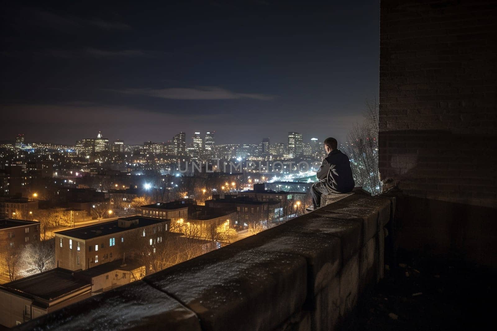 A lone figure sits on a high ledge, gazing out over the sprawling city below. The moody and dark atmosphere creates a contemplative and reflective mood, inducing a sense of peaceful stillness. The twinkling lights of the city add to the serene atmosphere, making this scene perfect for introspective thought. (generative AI)