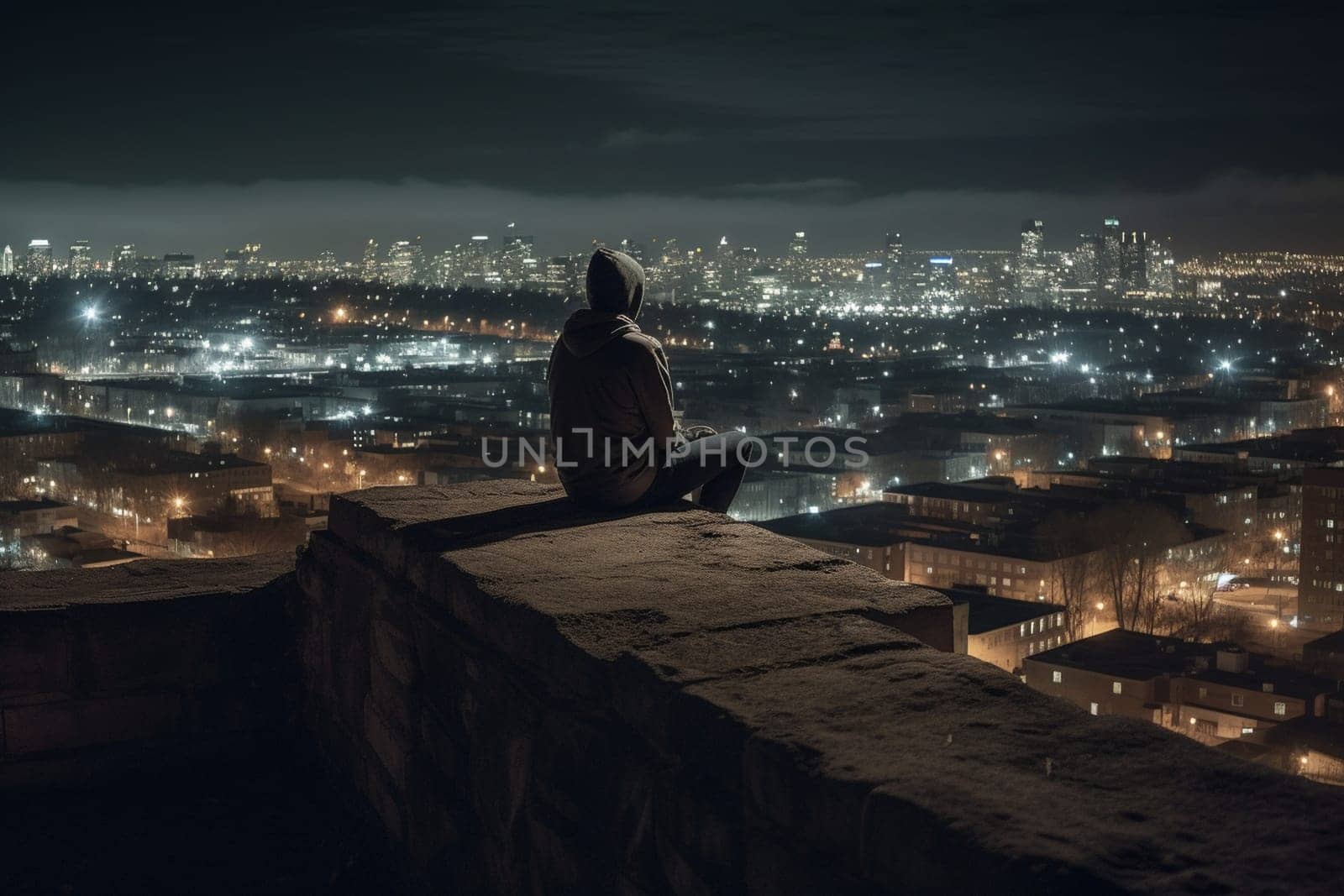 A lone figure sits on a high ledge, gazing out over the sprawling city below. The moody and dark atmosphere creates a contemplative and reflective mood, inducing a sense of peaceful stillness. The twinkling lights of the city add to the serene atmosphere, making this scene perfect for introspective thought. (generative AI)